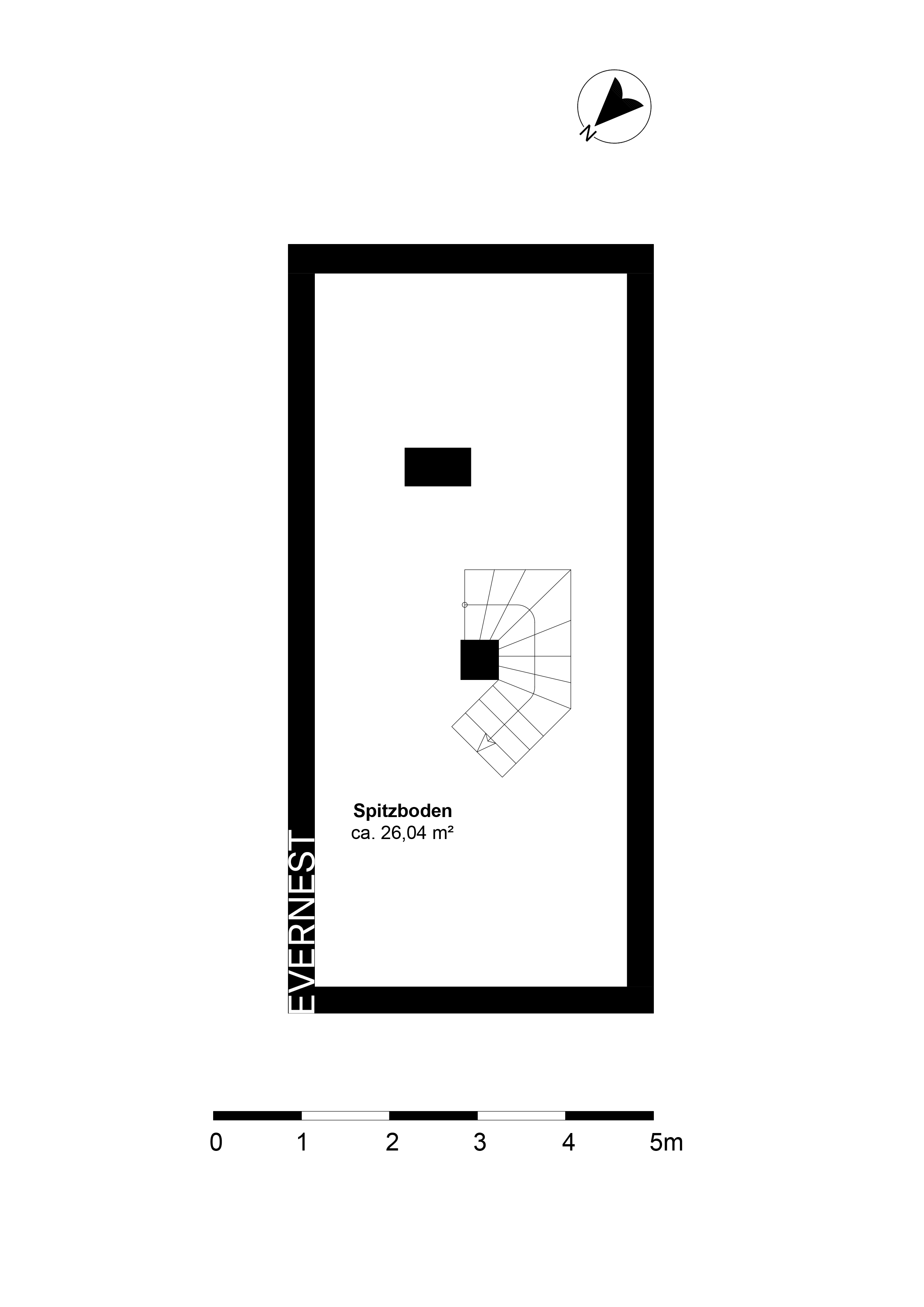 Grundriss eines Spitzbodens mit Treppe und Nordpfeil, Fläche ca. 26 m².
