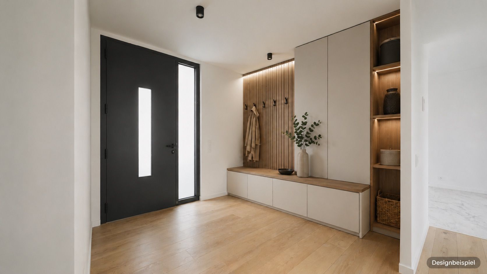 Moderner Flur mit schwarzer Tür, Holzbank, Garderobe und Regalen mit Dekoration.