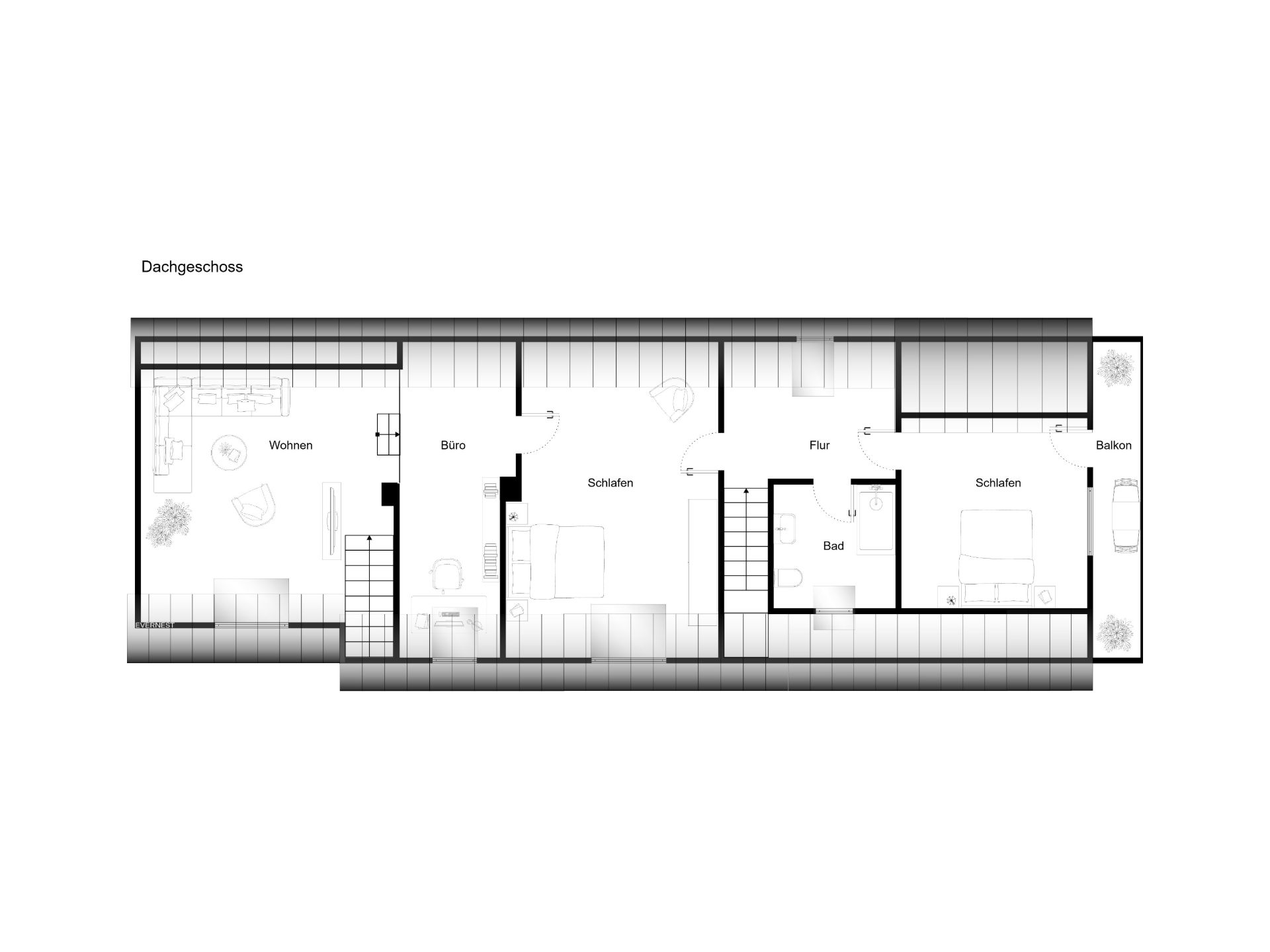 Grundriss eines Dachgeschosses mit Wohnzimmer, Büro, zwei Schlafzimmern, Bad, Flur und Balkon.