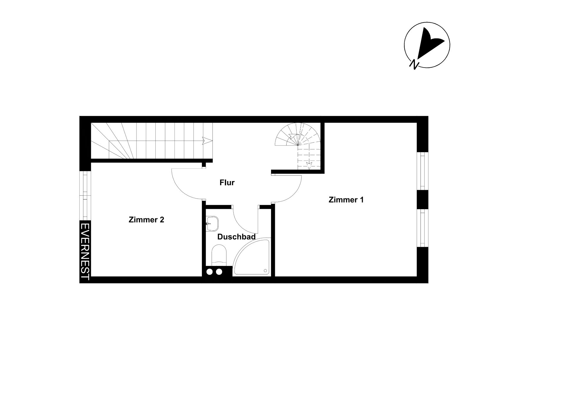 Grundriss mit zwei Zimmern, Flur und Duschbad.