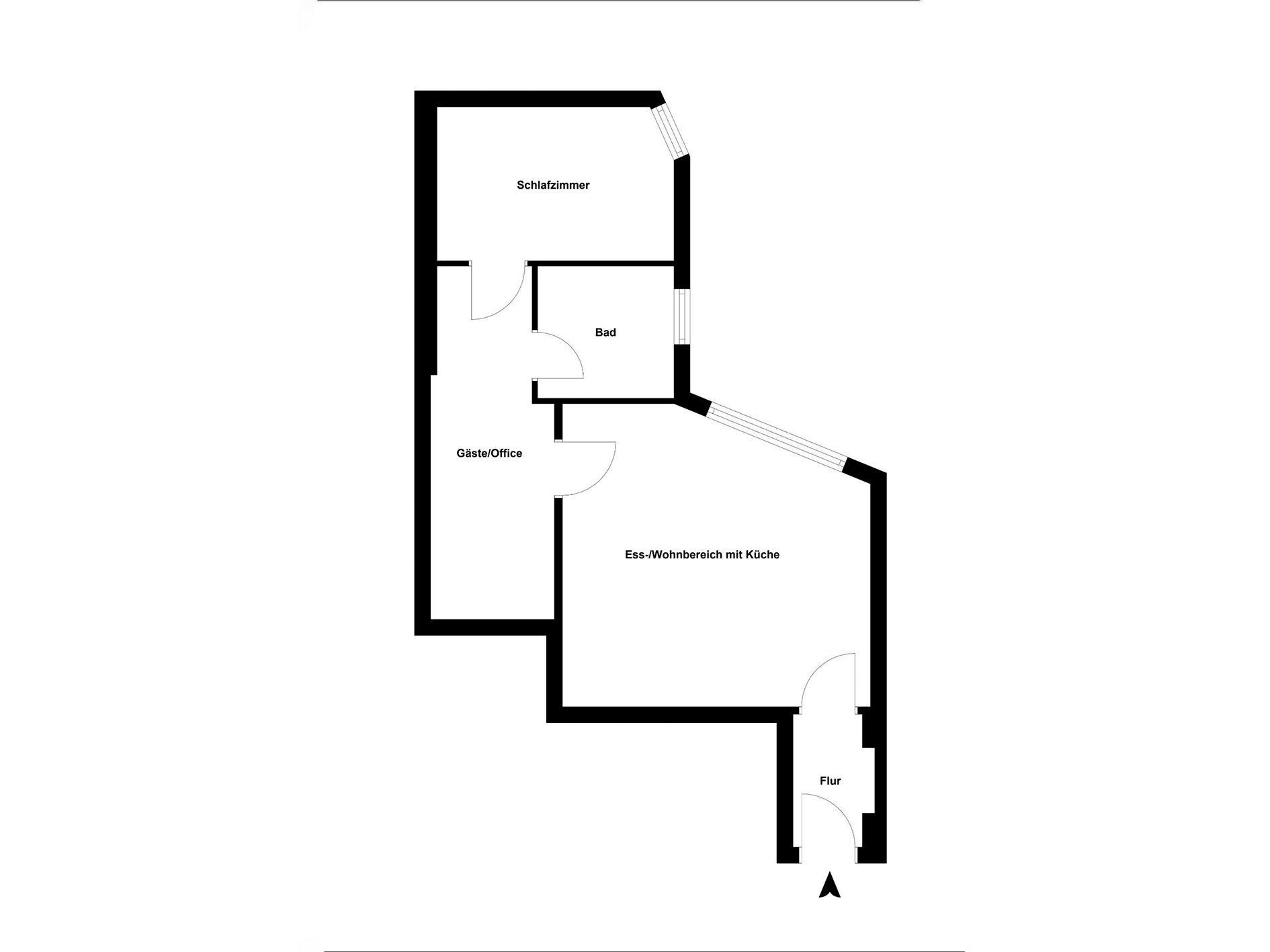 Grundriss einer Wohnung mit Schlafzimmer, Bad, Gäste/Office, Wohnbereich mit Küche und Flur.