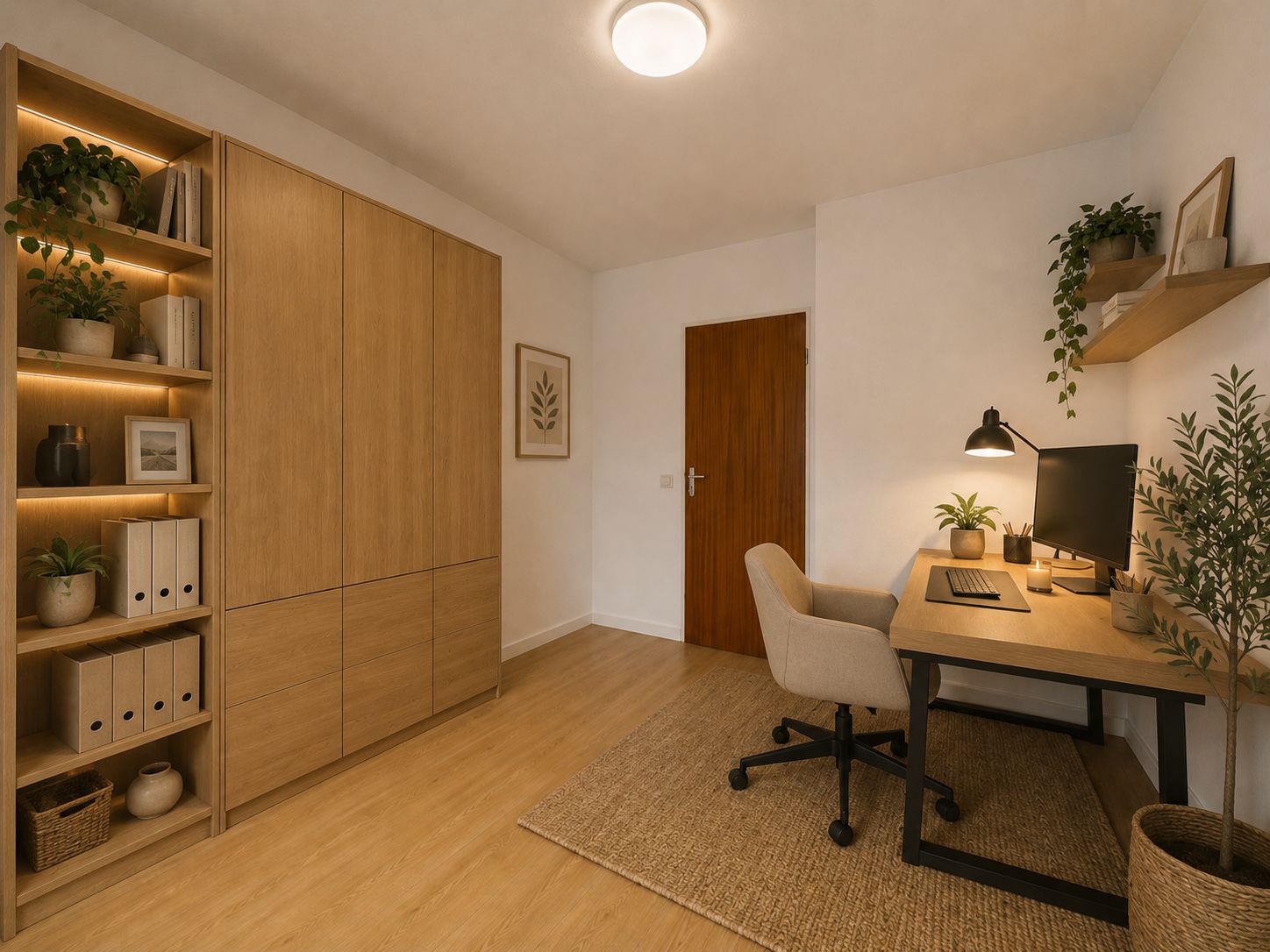 Modernes Arbeitszimmer mit Schreibtisch, Regal, Pflanzen und Holzschrank.