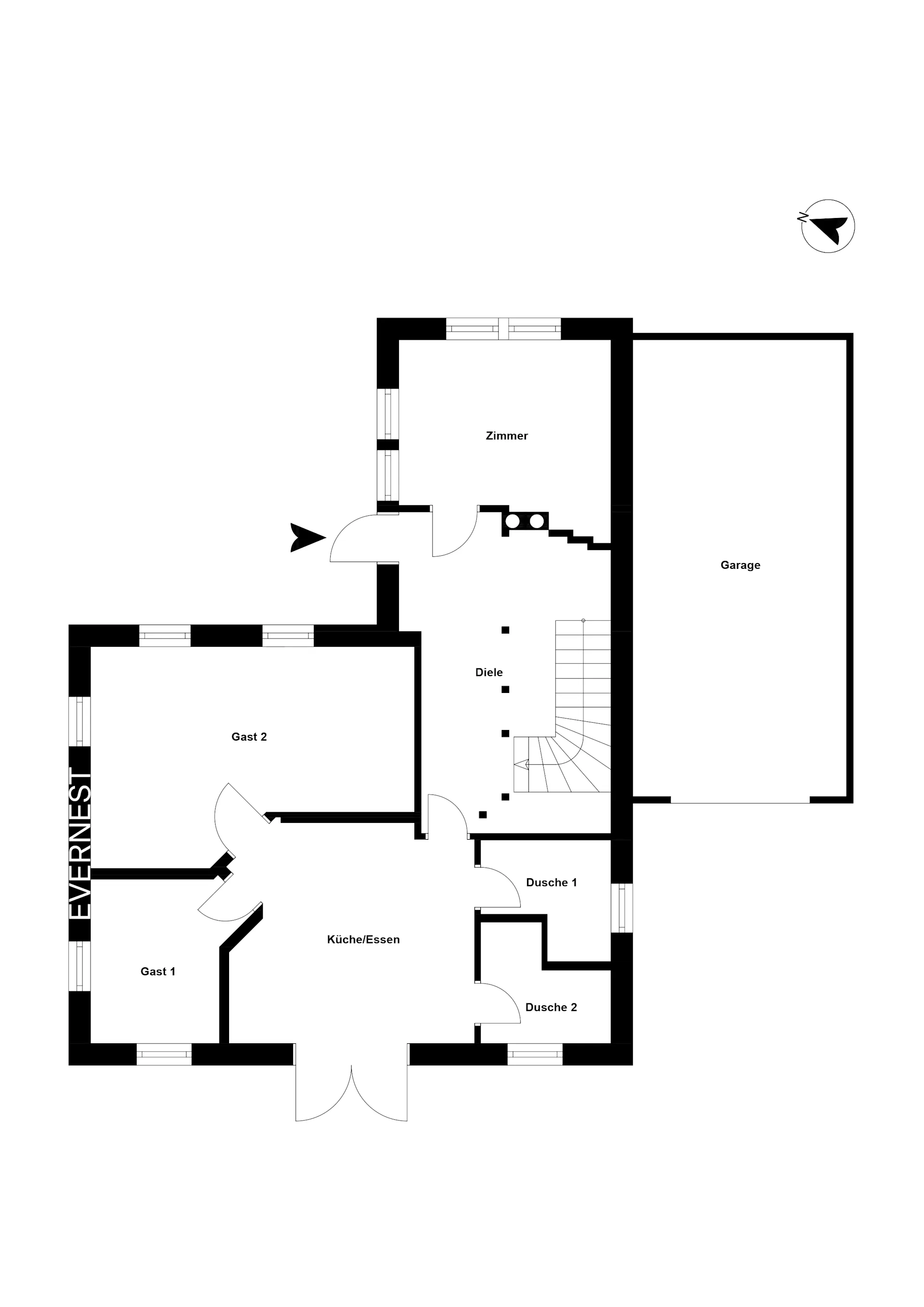 Grundriss zeigt Zimmer, Gästezimmer, Küche/Essen, zwei Duschen, Diele und Garage.