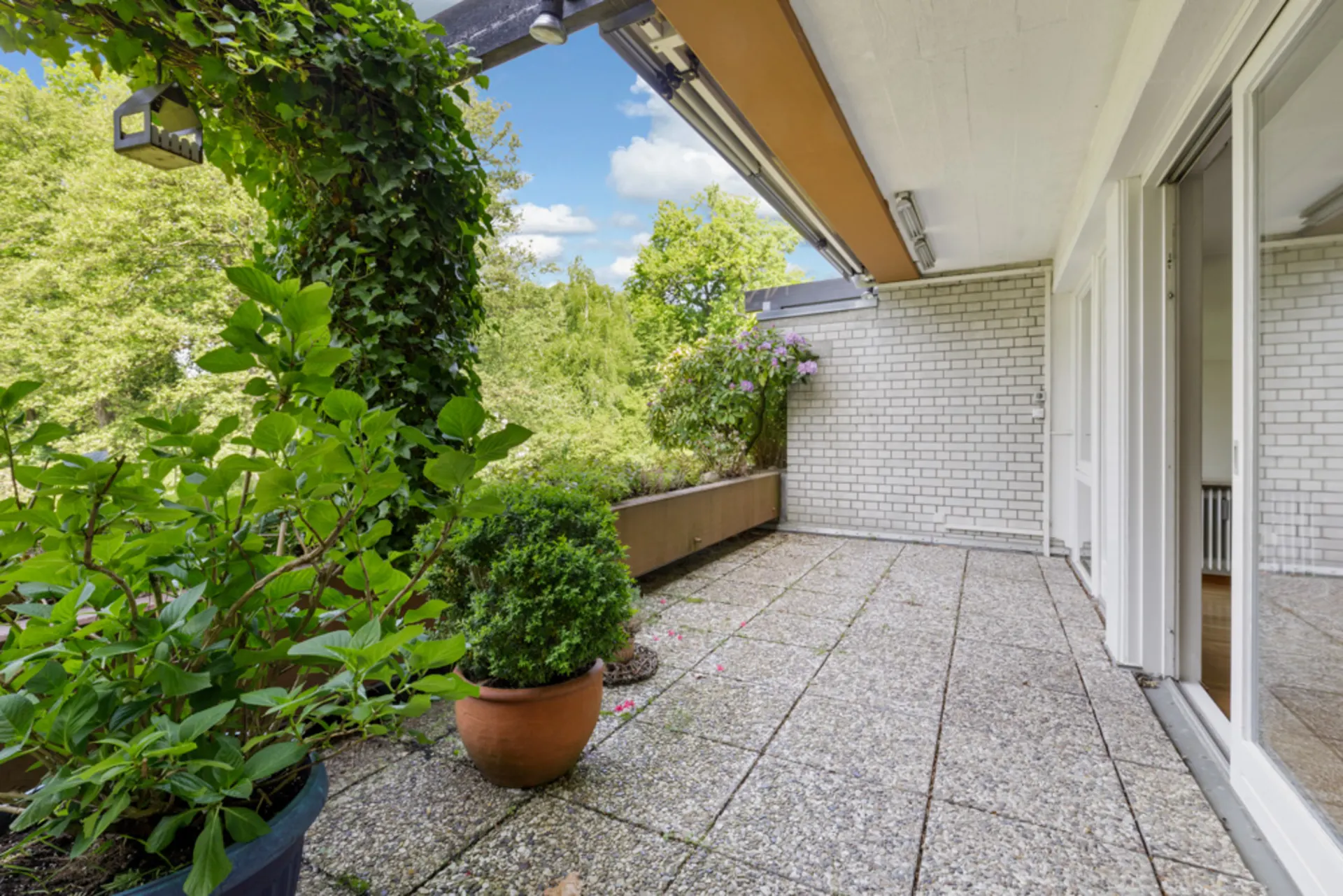 Große Terrasse mit Pflanzkübeln, Blick ins Grüne und Zugang durch eine Glastür.