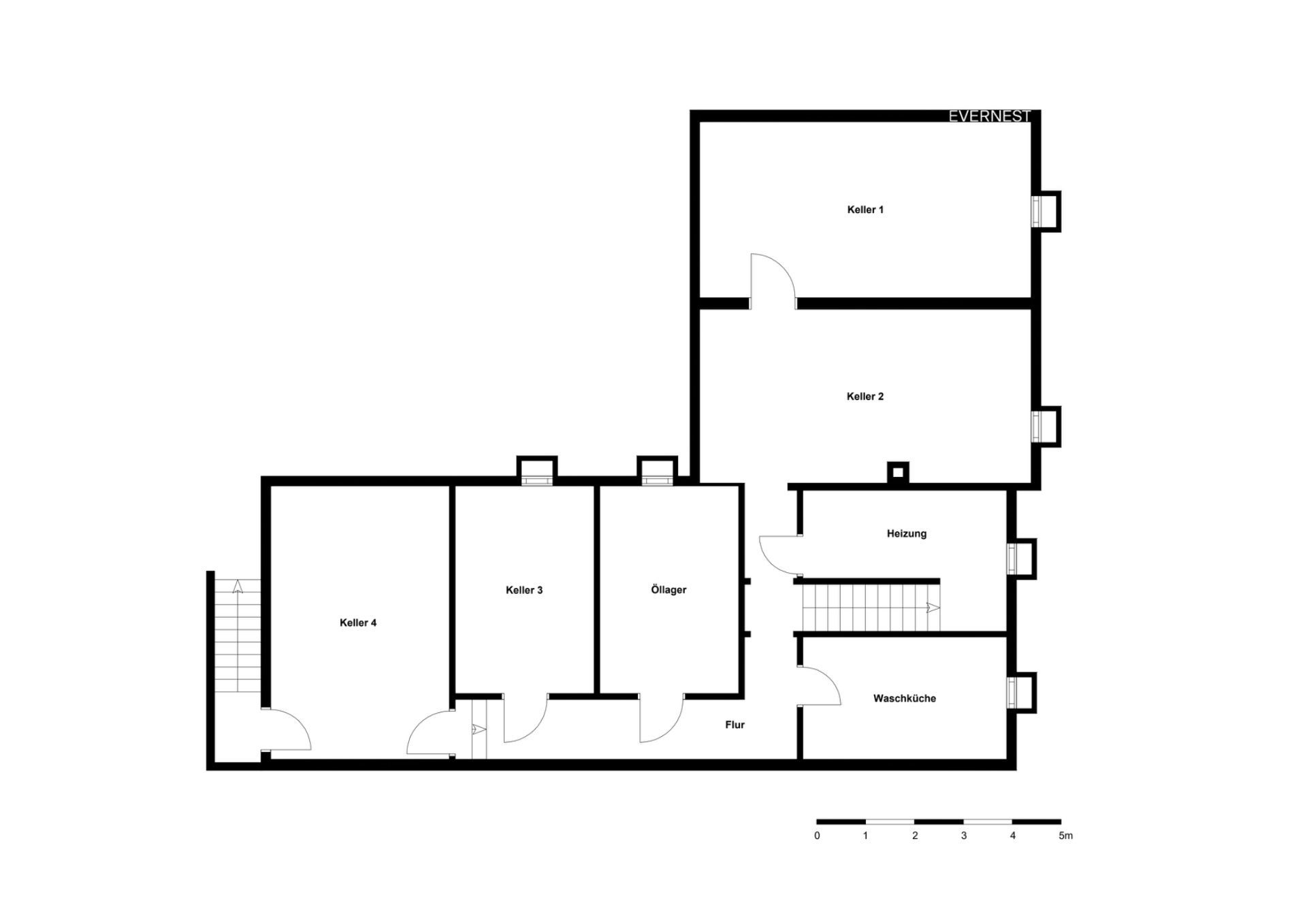 Grundriss eines Kellers mit vier Kellerräumen, Heizungsraum, Waschküche und Öllager.