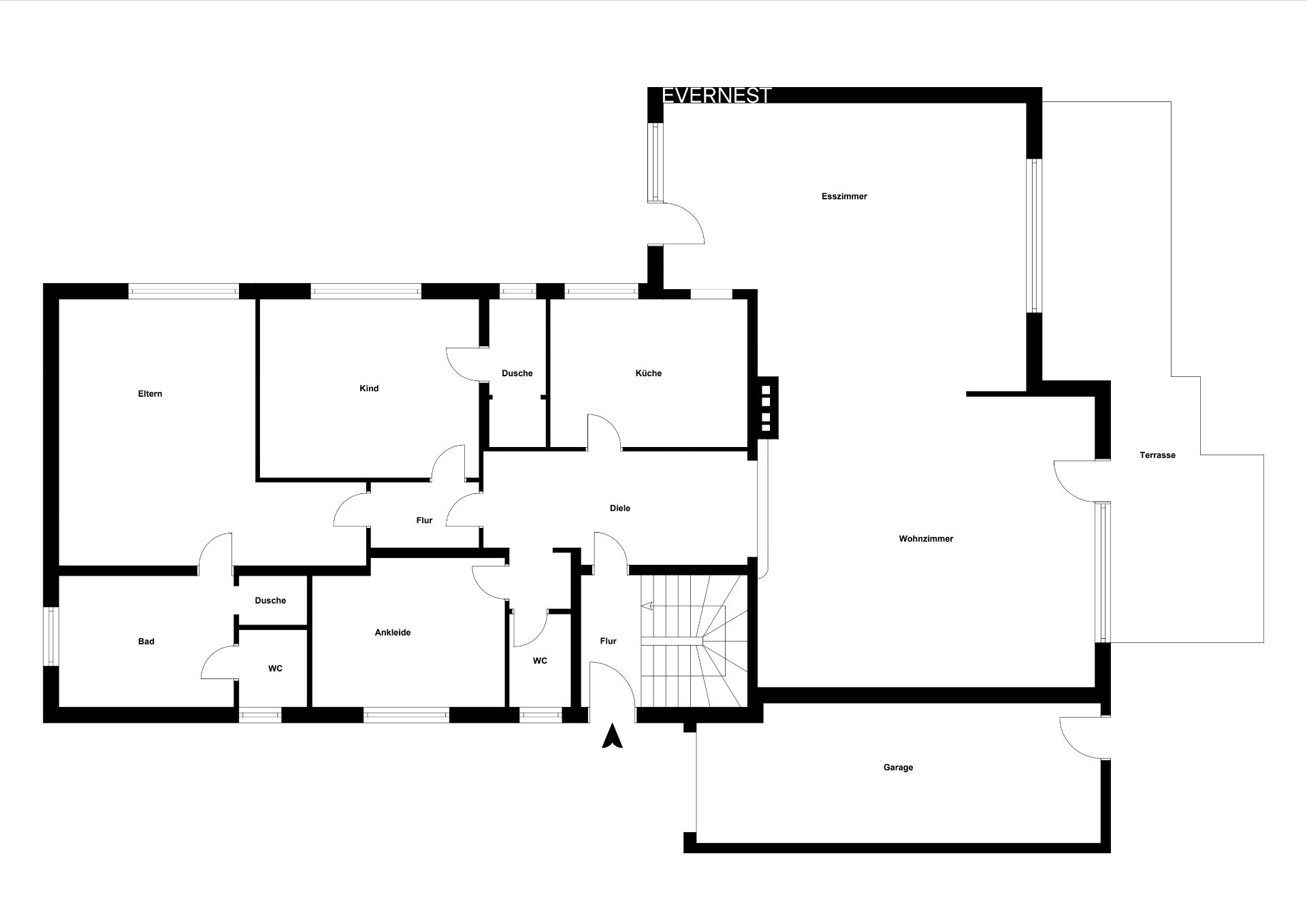 Grundriss eines Wohnhauses mit Schlafzimmer, Kinderzimmer, Bad, Küche, Wohnzimmer, Esszimmer und Garage.