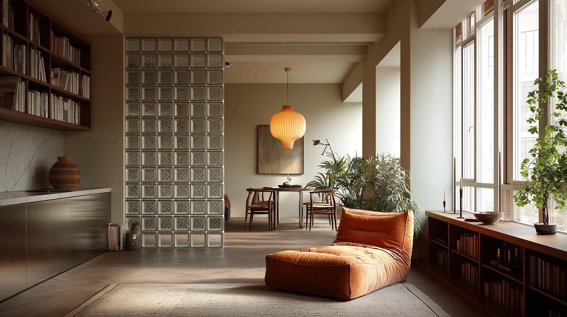 Helles Wohnzimmer mit Sofa, Sesseln, Couchtisch, Pflanzen und großem Fenster.