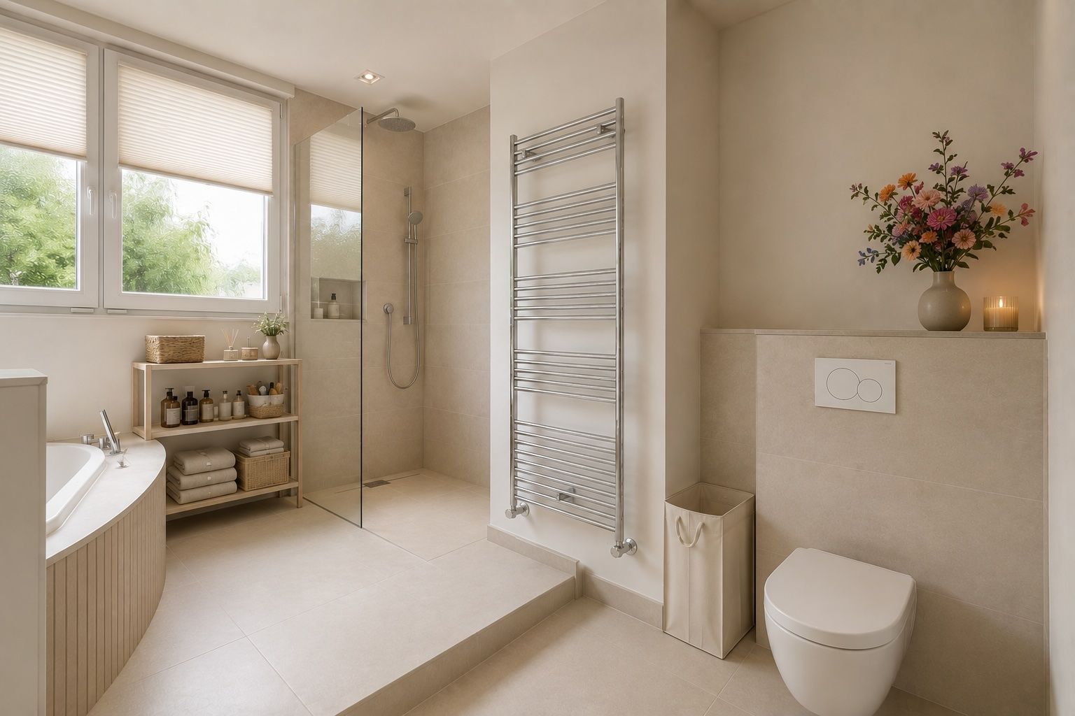 Modernes Badezimmer mit Dusche, Badewanne, Regal, WC und Handtuchheizkörper.