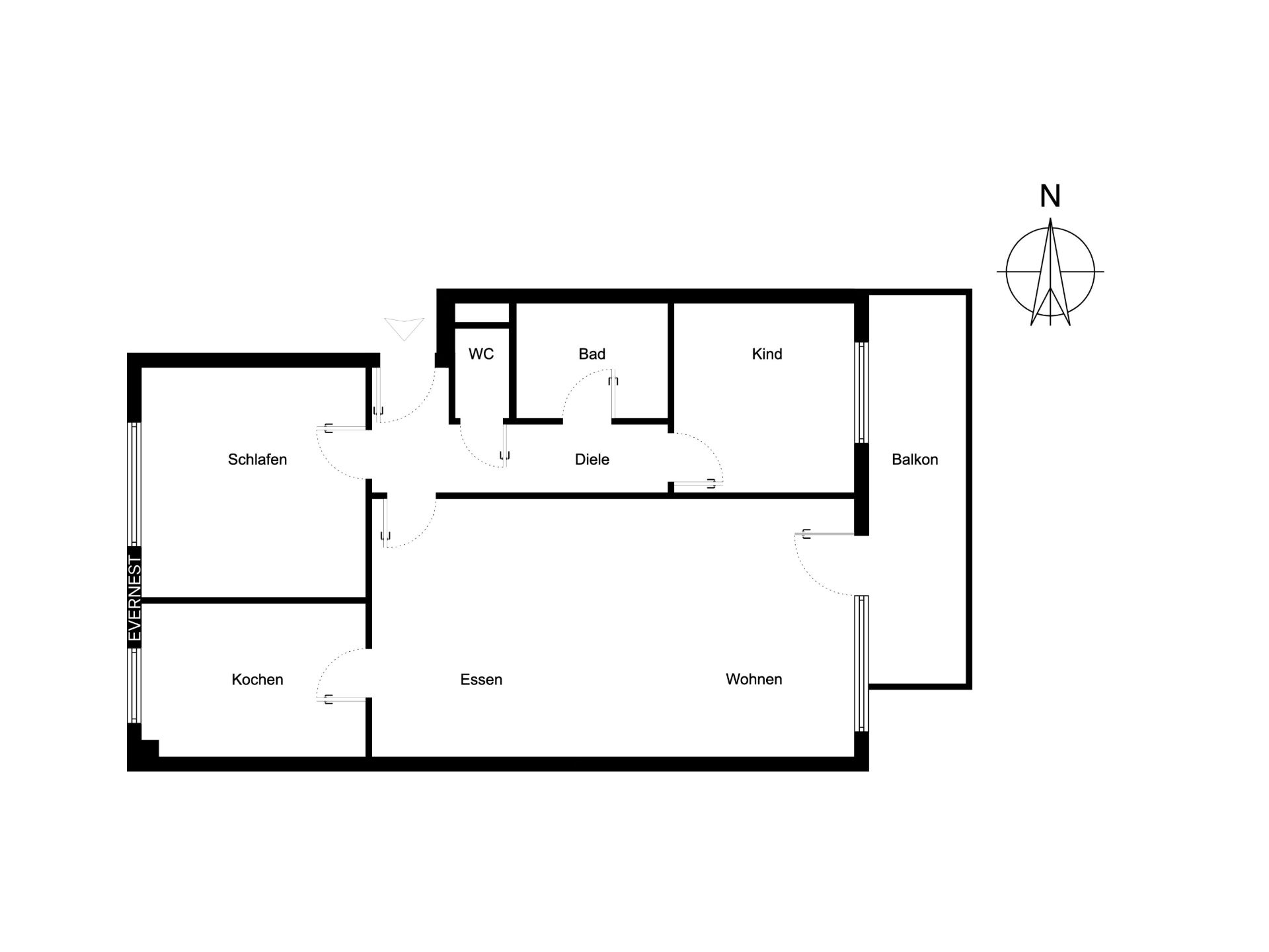 Grundriss einer Wohnung mit Schlaf-, Kinder-, Wohn- und Esszimmer, Küche, Bad, WC und Balkon.