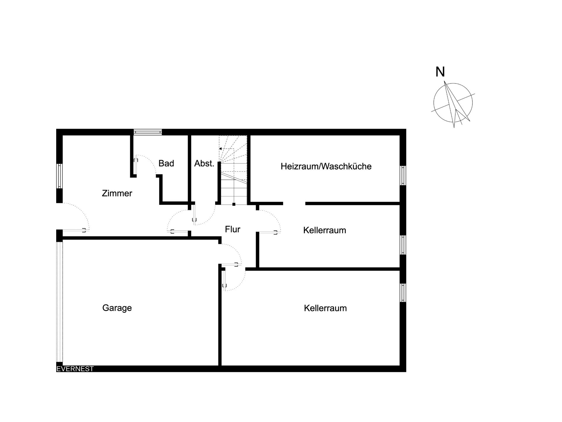 Grundriss mit Garage, Zimmer, Bad, Flur, Heizraum/Waschküche und mehreren Kellerräumen.
