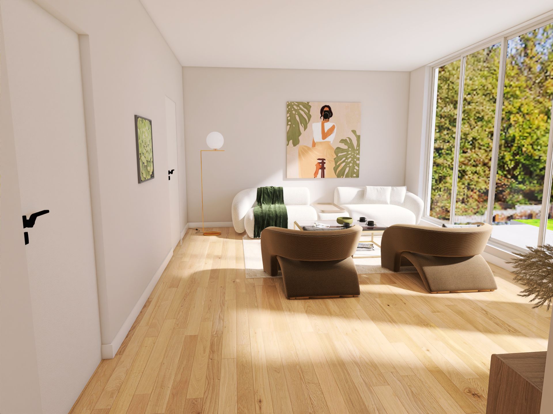Helles Wohnzimmer mit großen Fenstern, weißem Sofa, zwei braunen Sesseln und Holzfußboden.