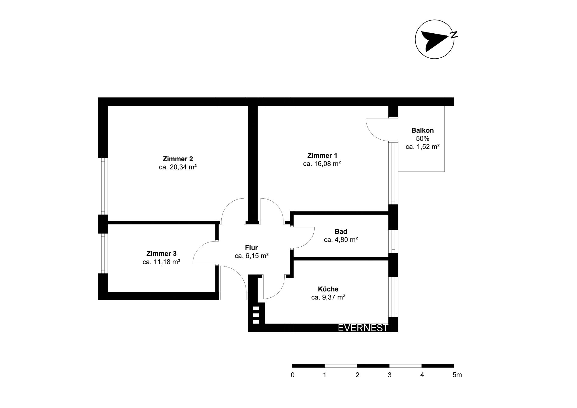Grundriss einer Wohnung mit drei Zimmern, Küche, Bad, Flur und kleinem Balkon.