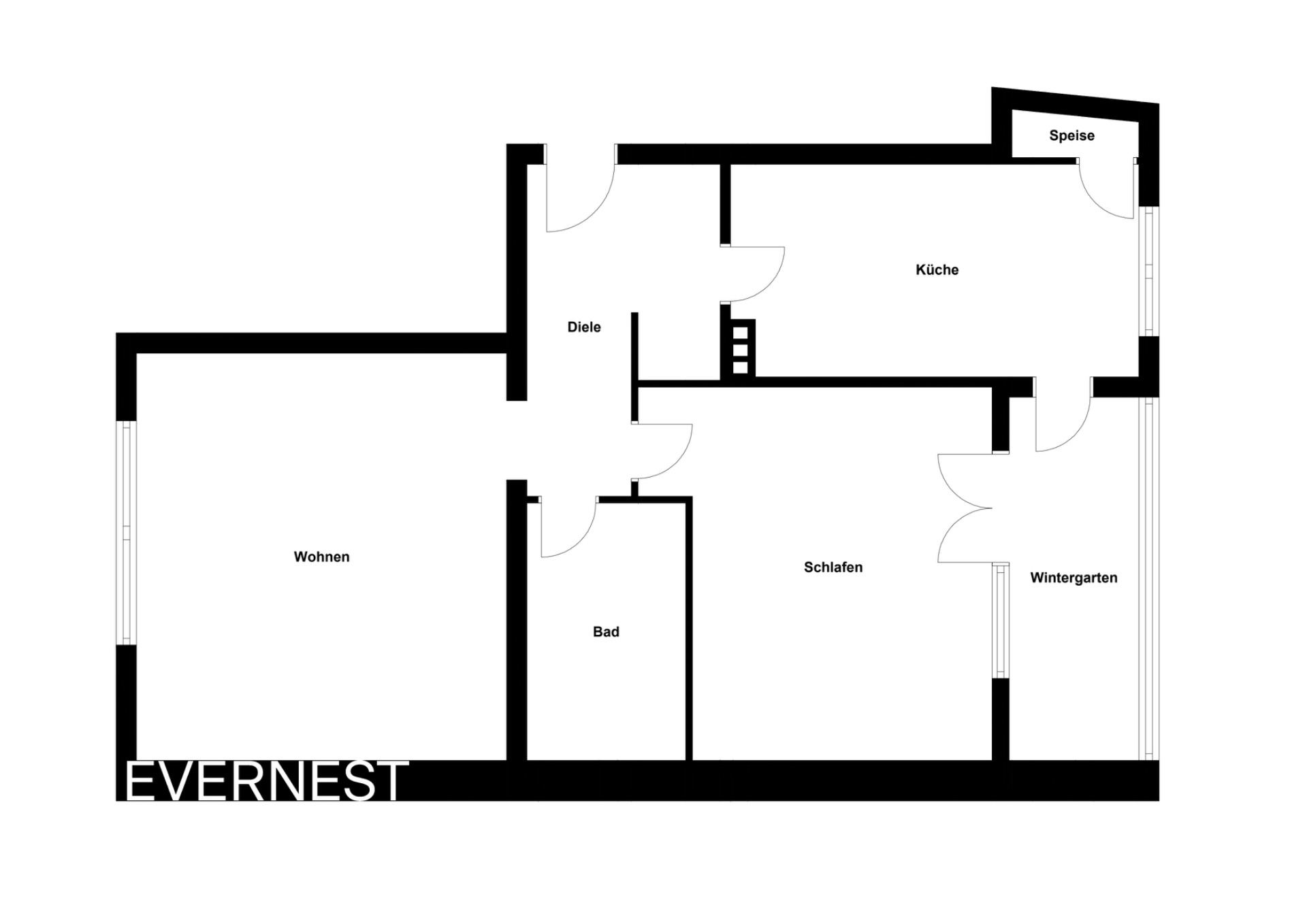 Grundriss einer Wohnung mit Wohnzimmer, Schlafzimmer, Küche, Bad, Diele, Speisekammer und Wintergarten.