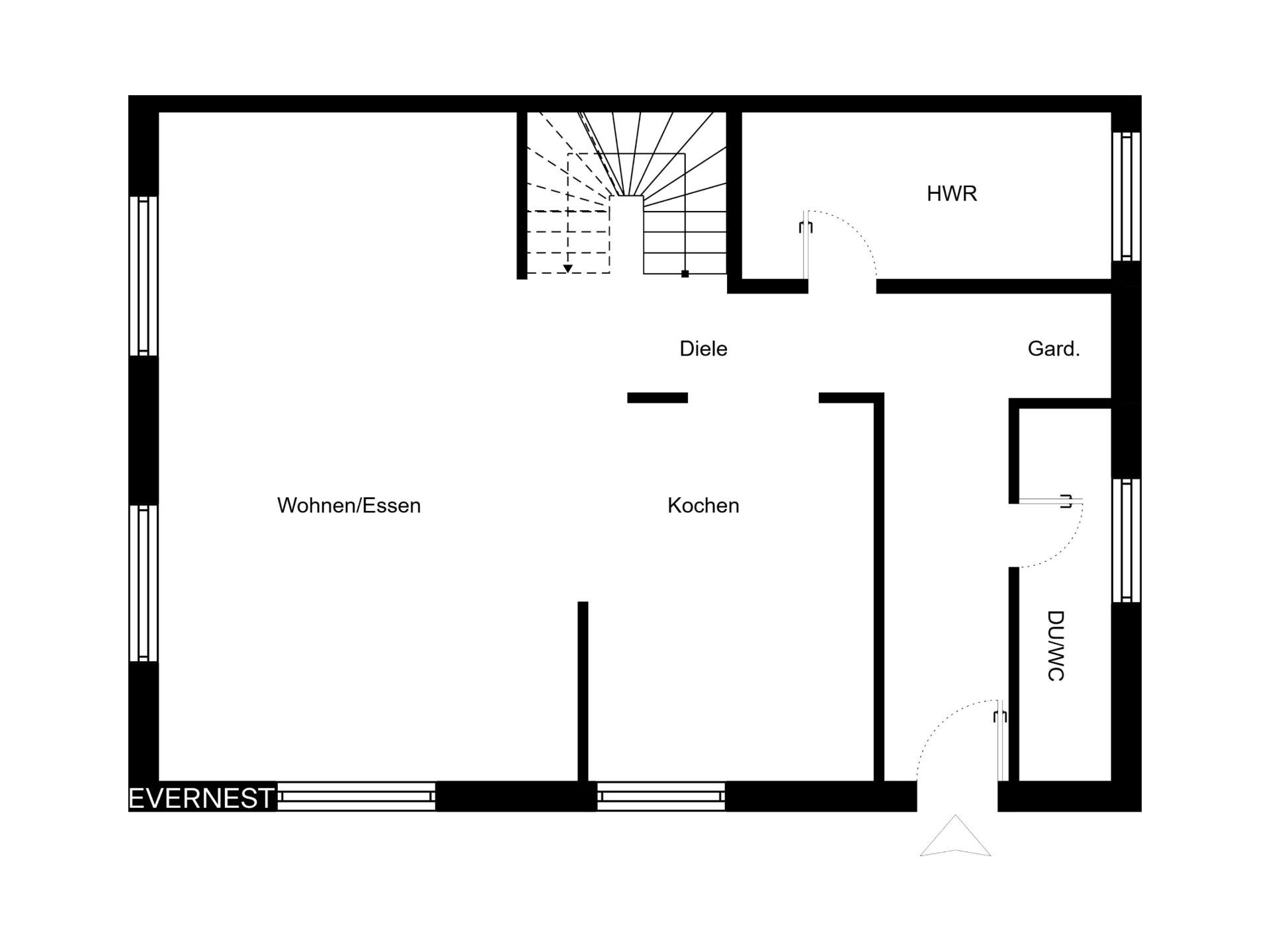 Grundriss mit Wohn-/Essbereich, Küche, Diele, HWR, Garderobe und Duschbad/WC.
