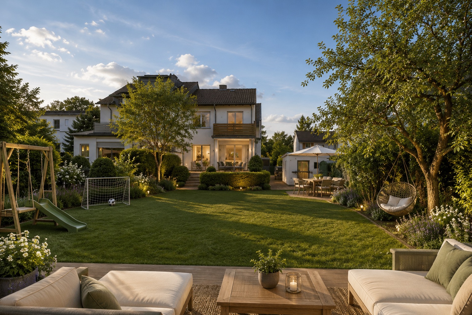 Großer Garten mit Sitzbereich, Schaukel, Rutsche, Fußballtor und modernem Wohnhaus im Hintergrund.