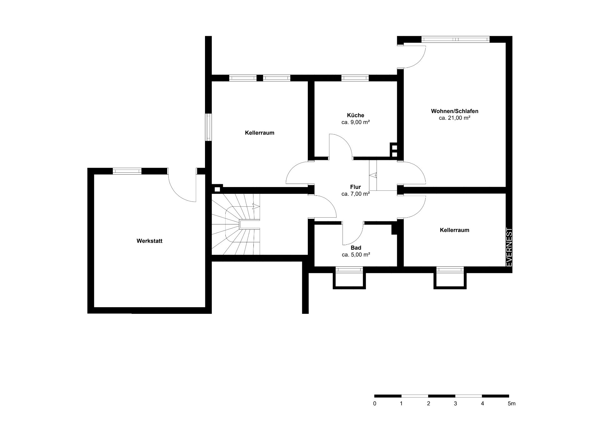Grundriss eines Hauses mit Werkstatt, Küche, Bad, Flur, Wohn-/Schlafzimmer und Kellerräumen.