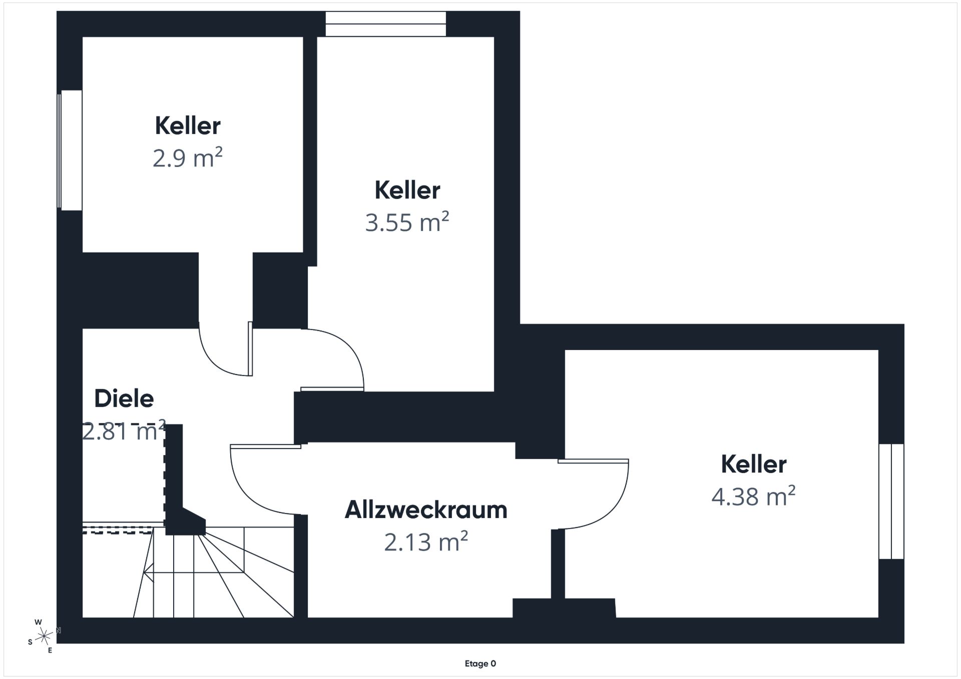 Grundriss mit drei Kellerräumen, Allzweckraum und Diele, Flächen in Quadratmetern angegeben.