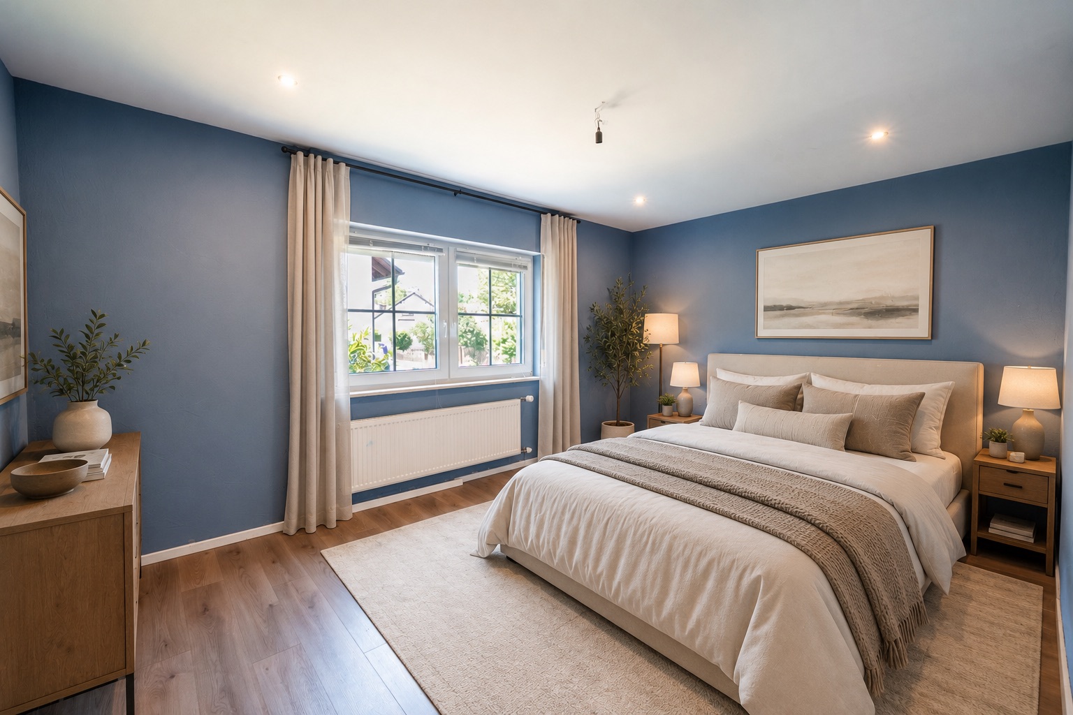 Modernes Schlafzimmer mit großem Bett, blauen Wänden, Holzmöbeln und Fenster mit Blick nach draußen.
