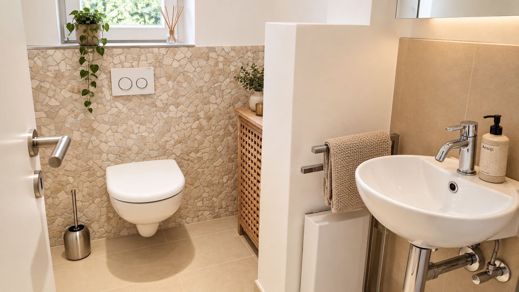 Modernes Badezimmer mit Wandtoilette, Waschbecken, Handtuch und Pflanze auf Holzschrank.