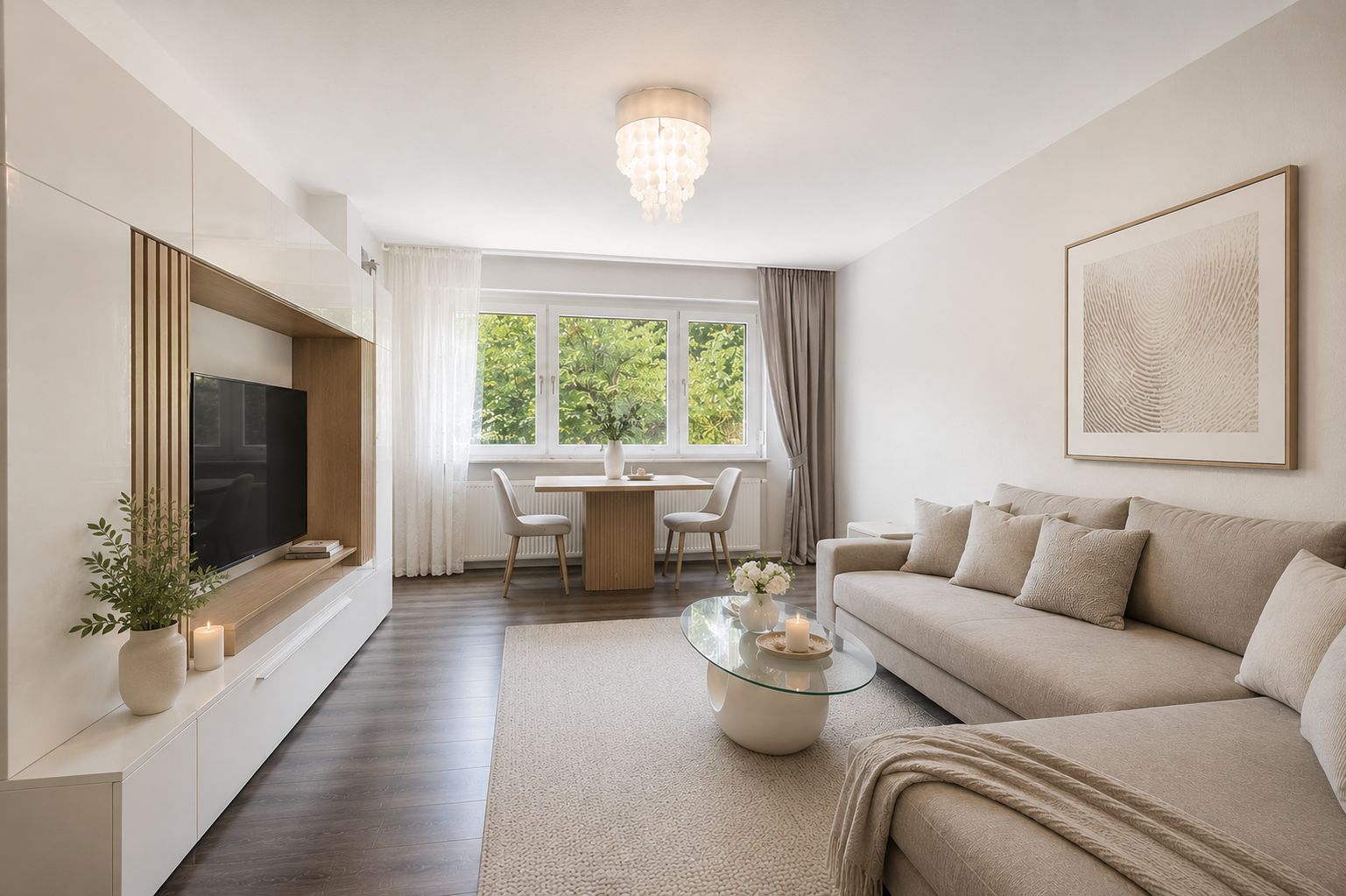 Modernes Wohnzimmer mit großem Sofa, Glastisch, TV-Wand und Essbereich am Fenster.