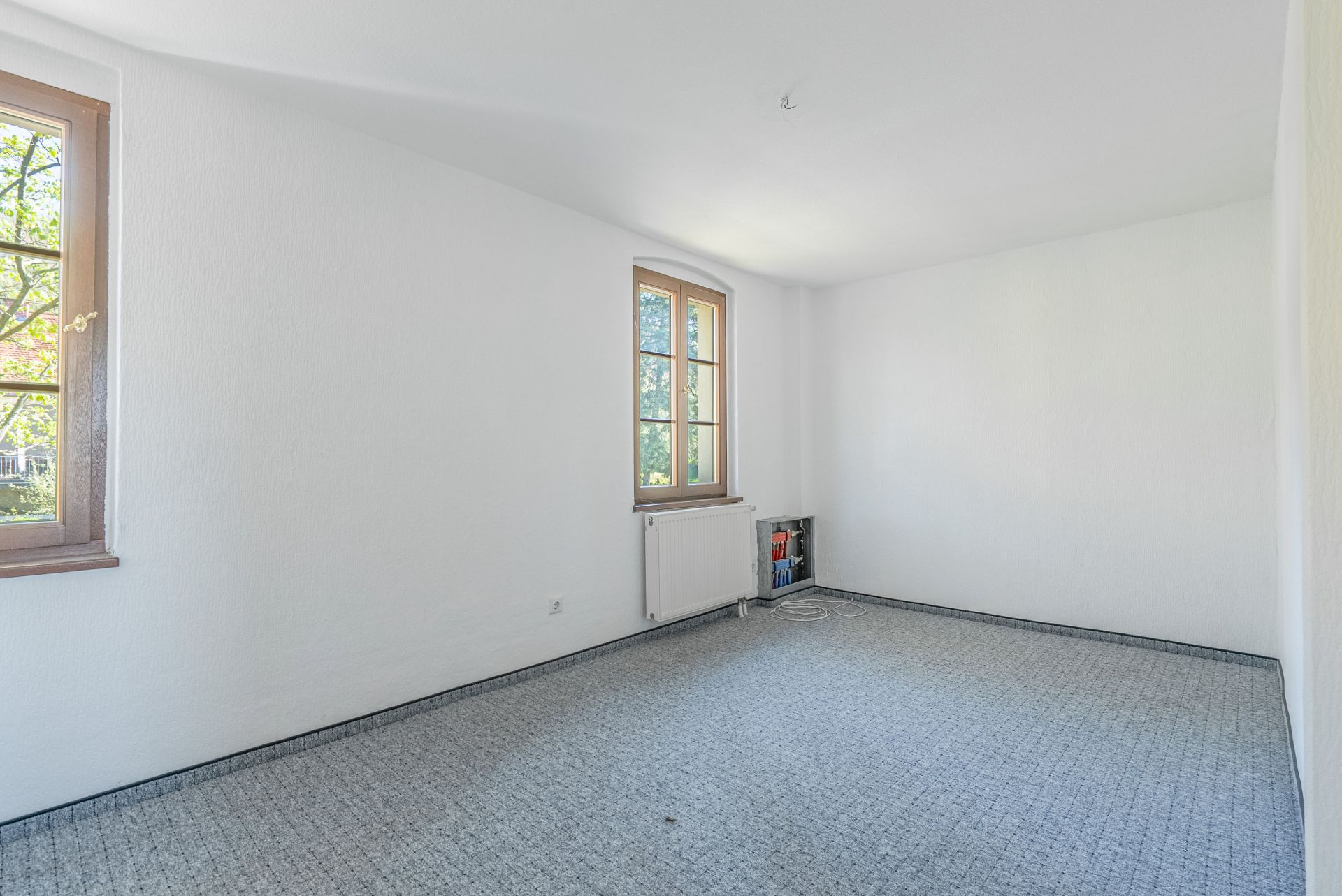 Leeres Zimmer mit zwei Fenstern, weiß gestrichenen Wänden und grauem Teppichboden.