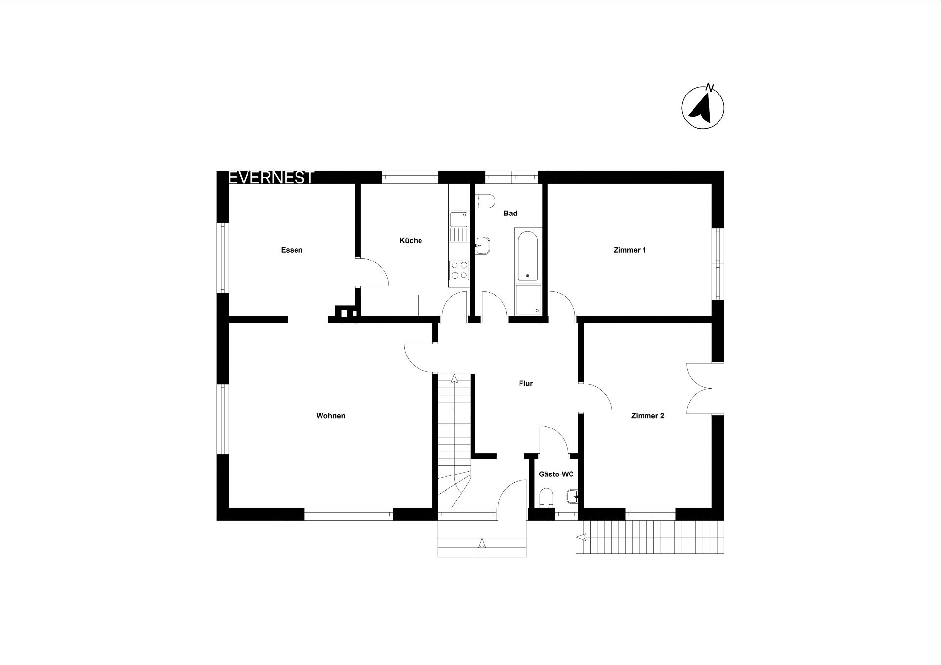 Grundriss einer Wohnung mit Wohnzimmer, Essbereich, Küche, Bad, Gäste-WC und zwei Zimmern.