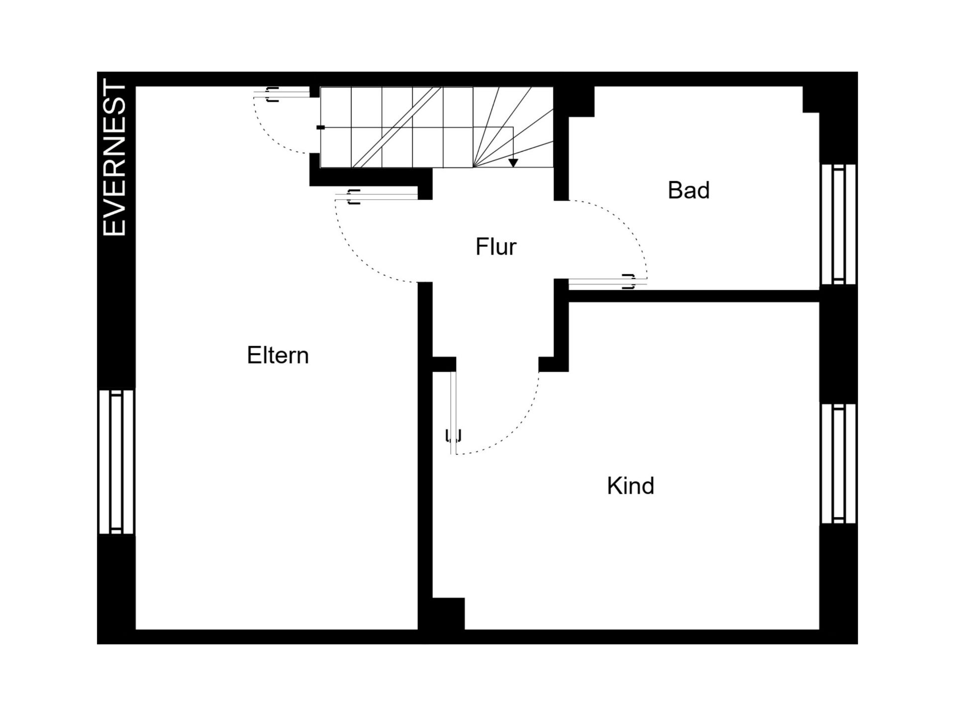 Grundriss mit Flur, Bad, Elternzimmer und Kinderzimmer.