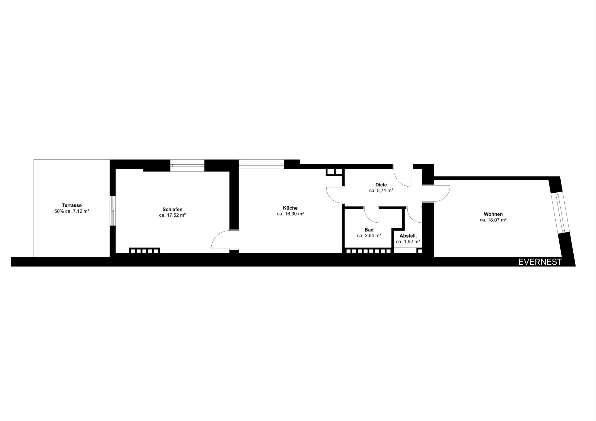 Grundriss einer Wohnung mit Terrasse, Schlafzimmer, Küche, Bad, Abstellraum, Diele und Wohnzimmer.