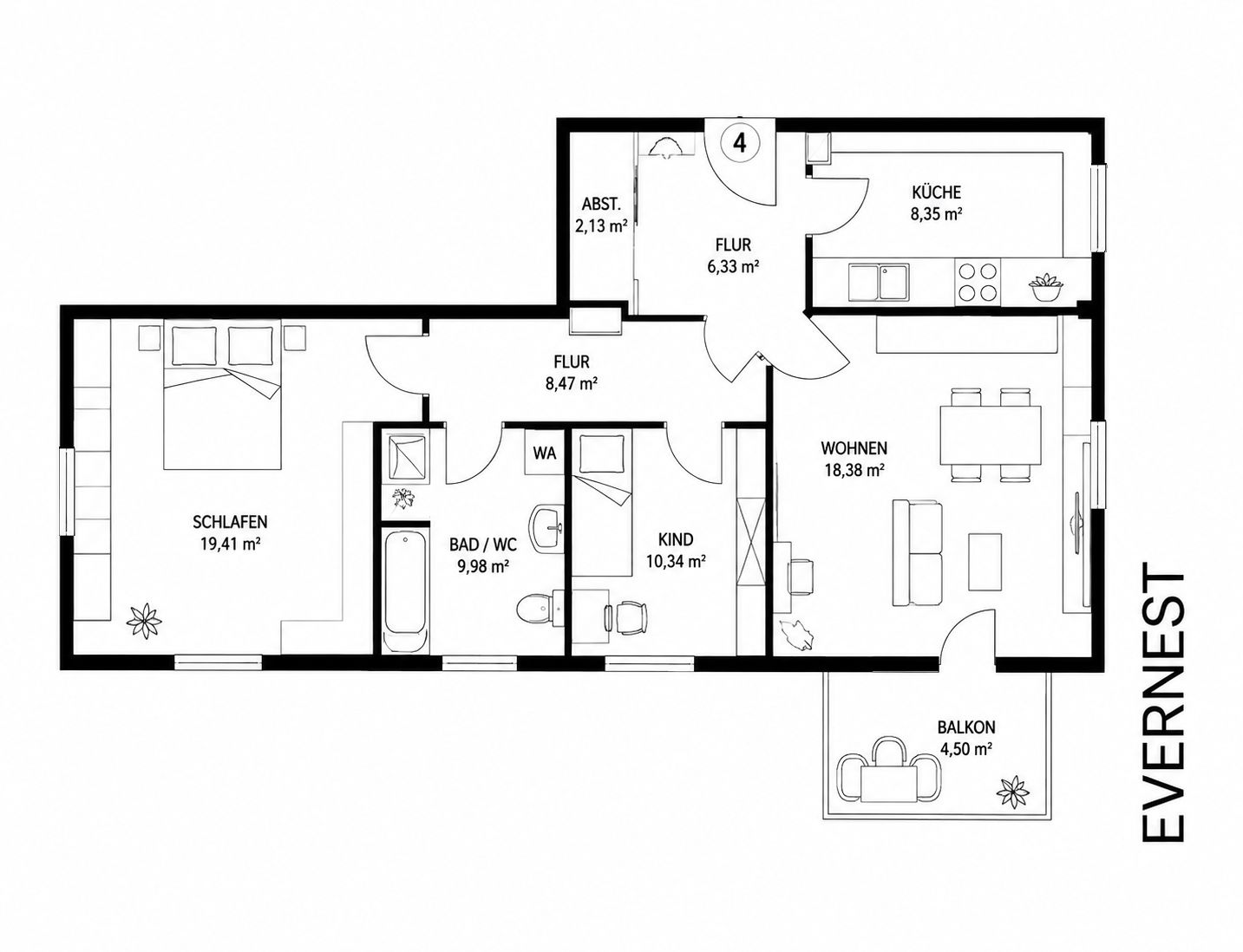 Grundriss einer Wohnung mit Schlafzimmer, Kinderzimmer, Bad, Küche, Wohnzimmer und Balkon.