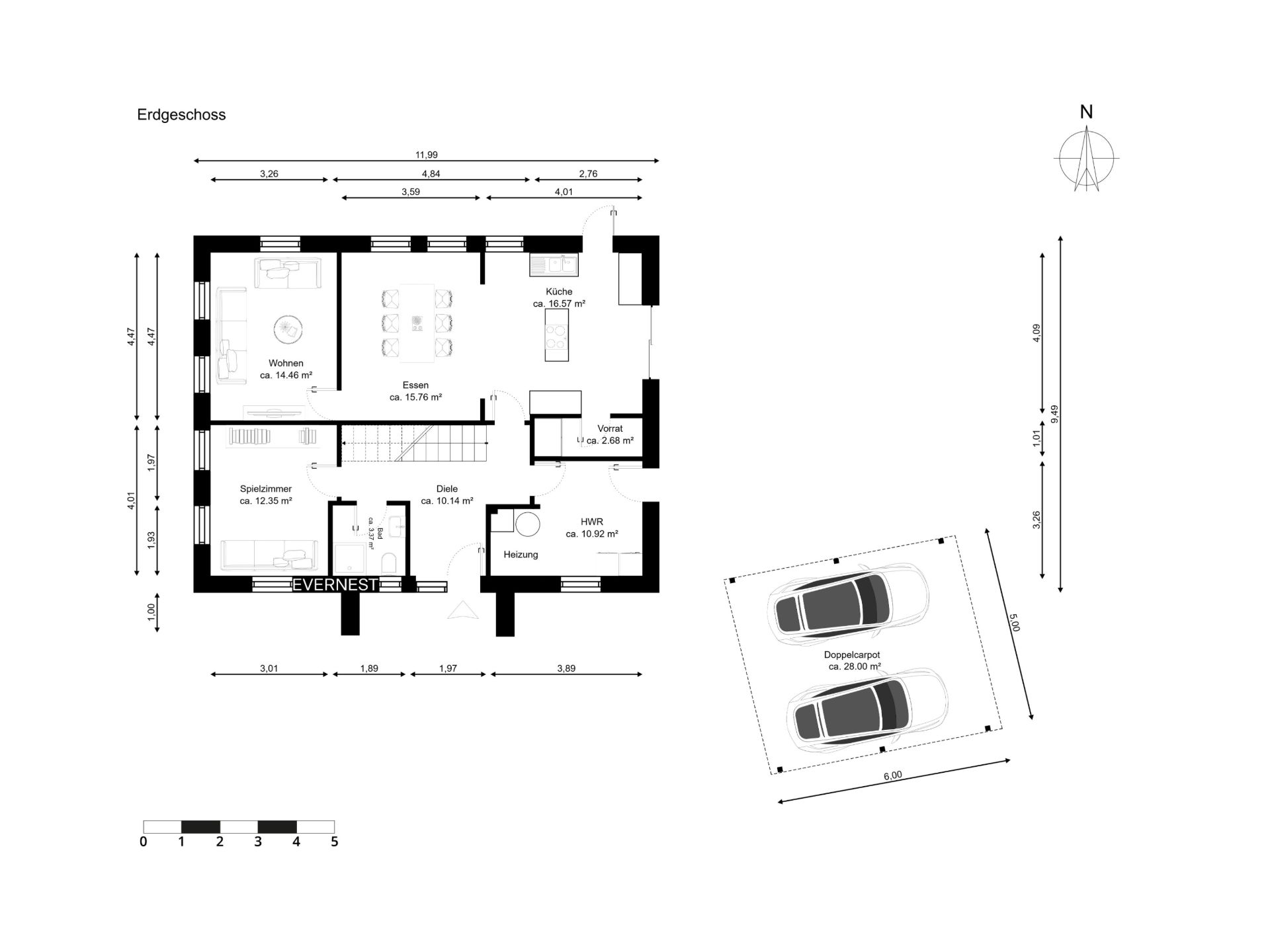 Grundriss des Erdgeschosses mit Wohn-, Ess-, Küchen- und Hauswirtschaftsraum, plus Doppelstellplatz für Autos.