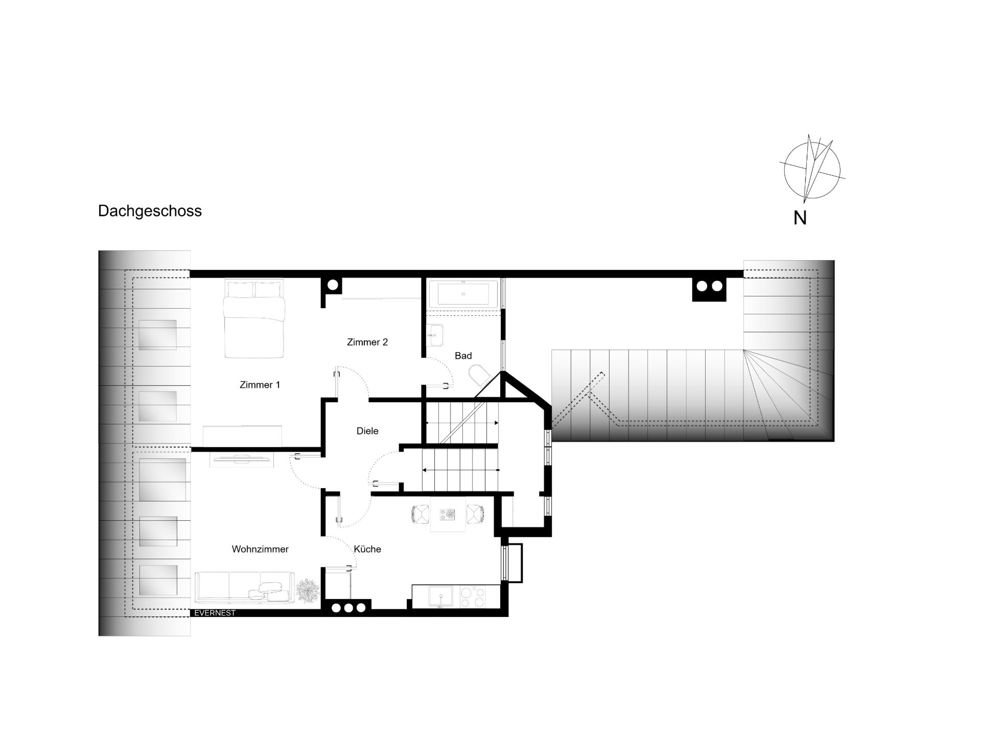 Grundriss eines Dachgeschosses mit Wohnzimmer, Küche, zwei Zimmern, Bad und Flur.