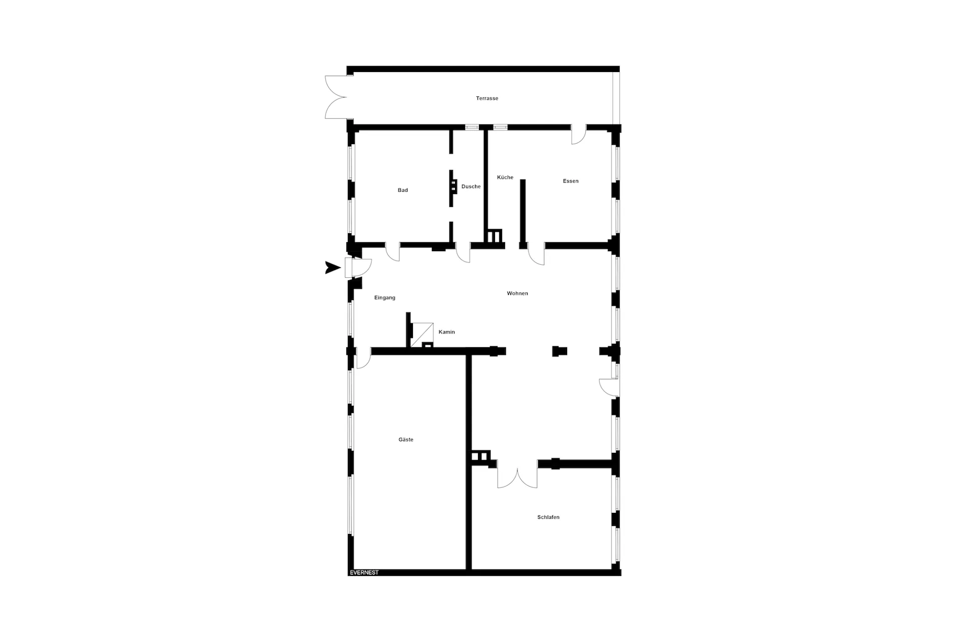 Grundriss mit Räumen: Bad, Dusche, Küche, Essen, Wohnen, Gäste, Schlafen, Kamin, Eingang und Terrasse.