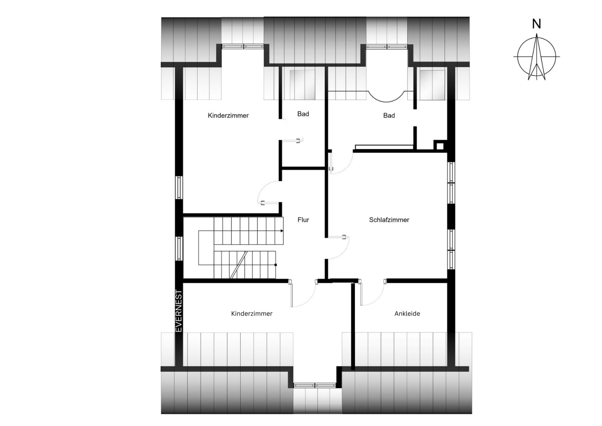 Grundriss zeigt zwei Kinderzimmer, Schlafzimmer, Ankleide, zwei Bäder und Flur.
