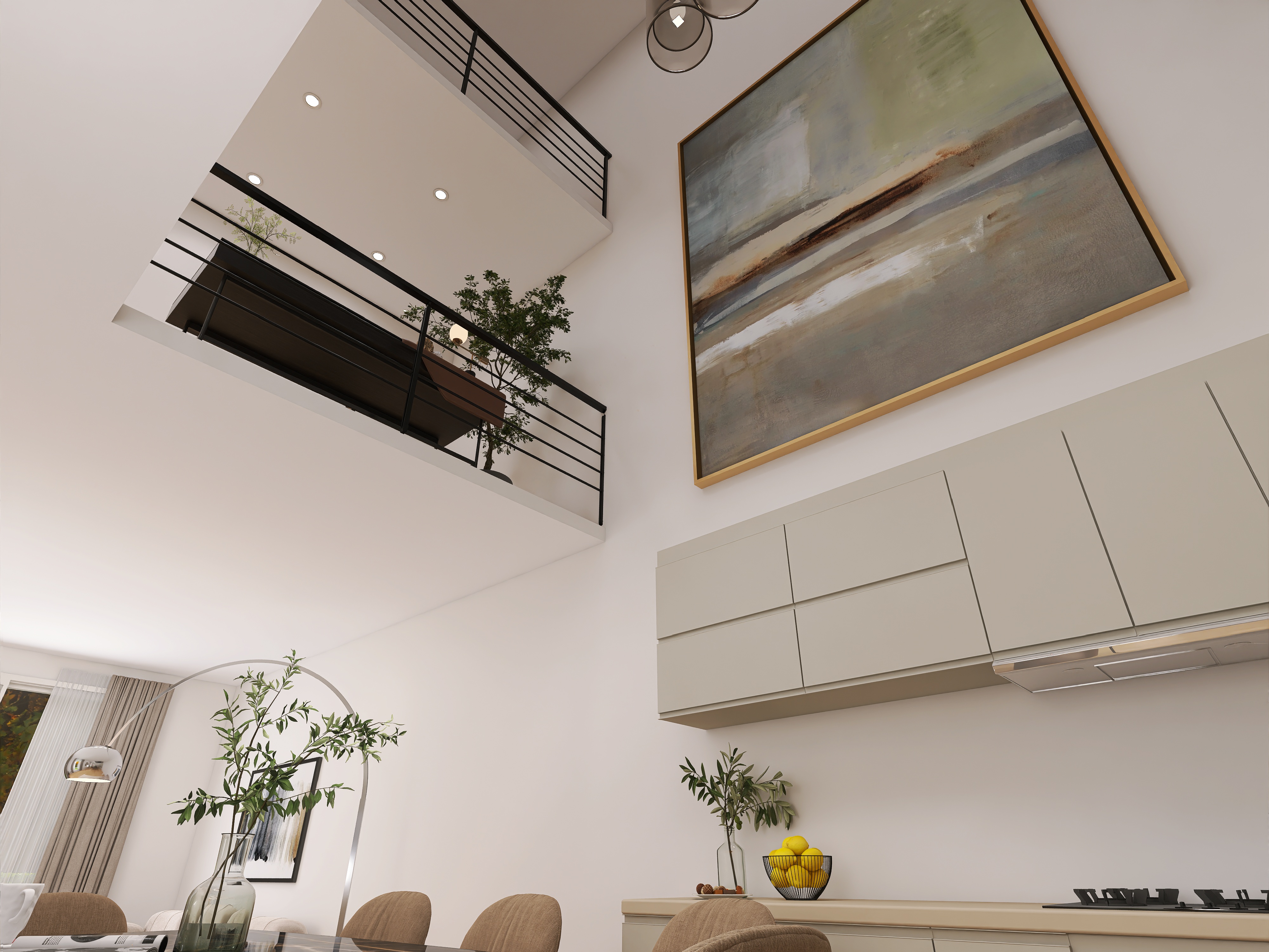 Moderne Wohnküche mit großem Gemälde, Oberlichtern, Pflanzen und einer offenen Galerie.