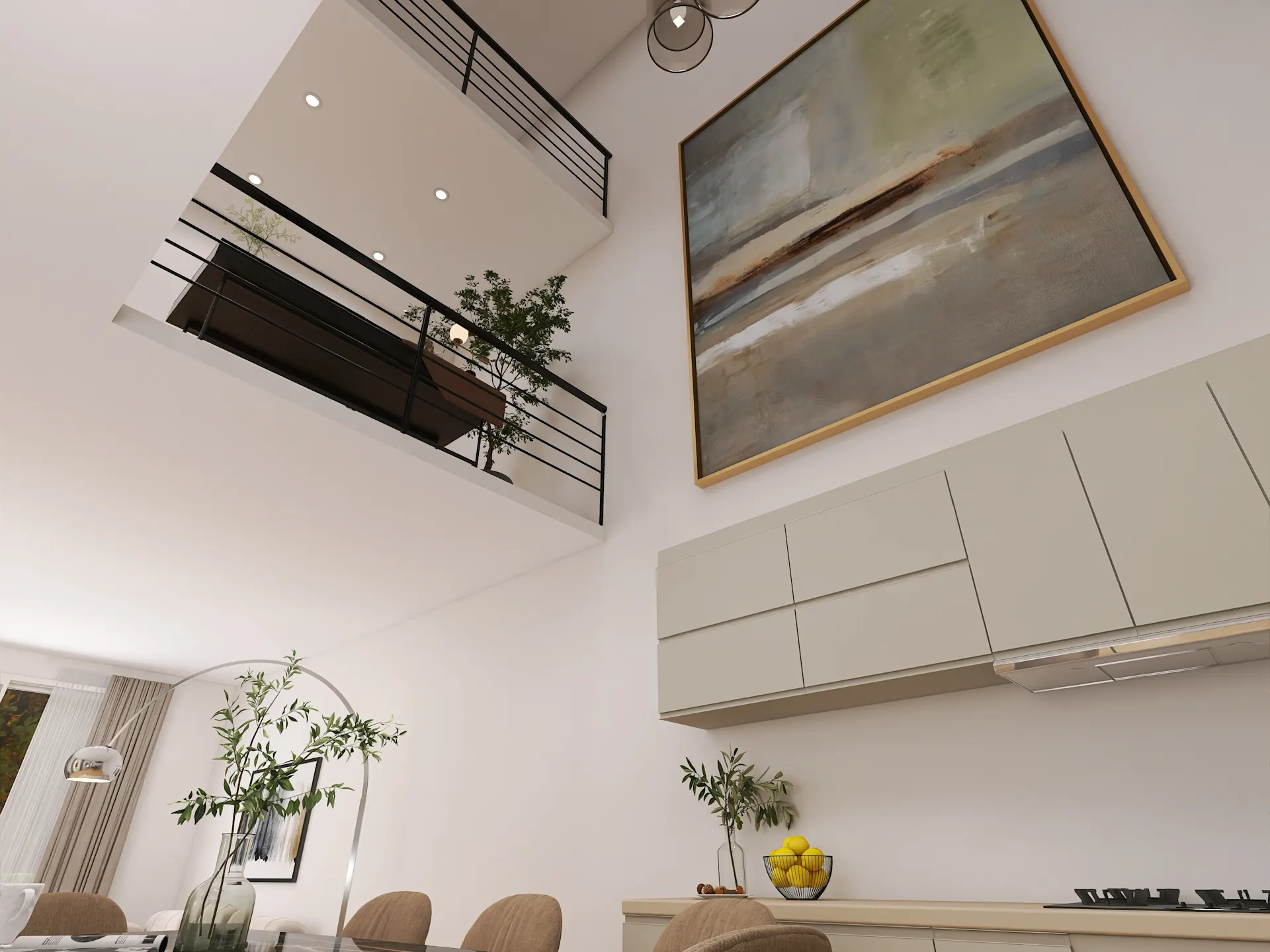 Moderne Wohnküche mit großem Gemälde, Oberlichtern, Pflanzen und einer offenen Galerie.