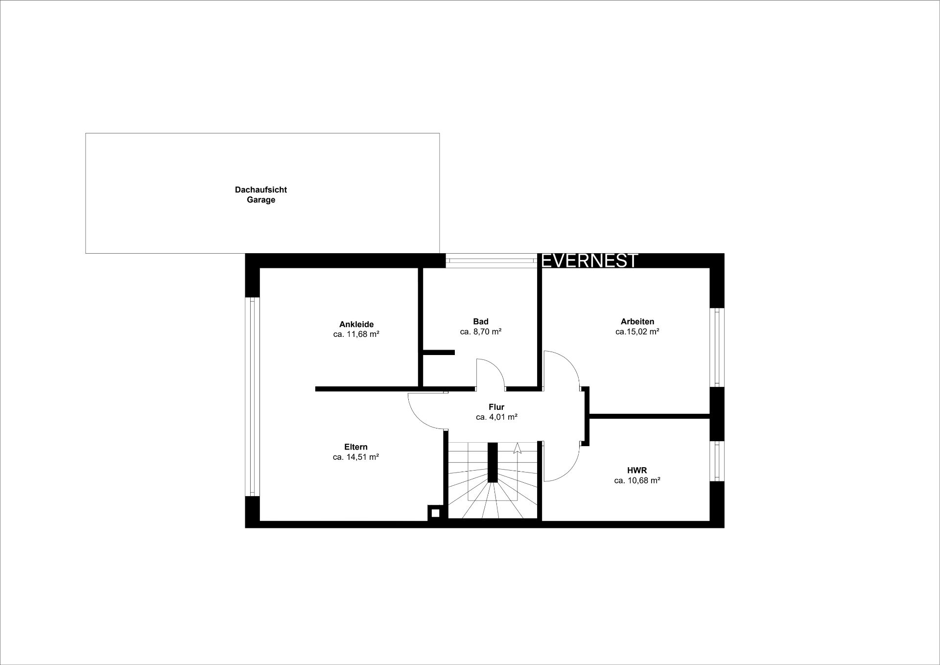 Grundriss mit Räumen: Eltern, Ankleide, Arbeiten, Bad, Flur, HWR und Dachaufsicht Garage.
