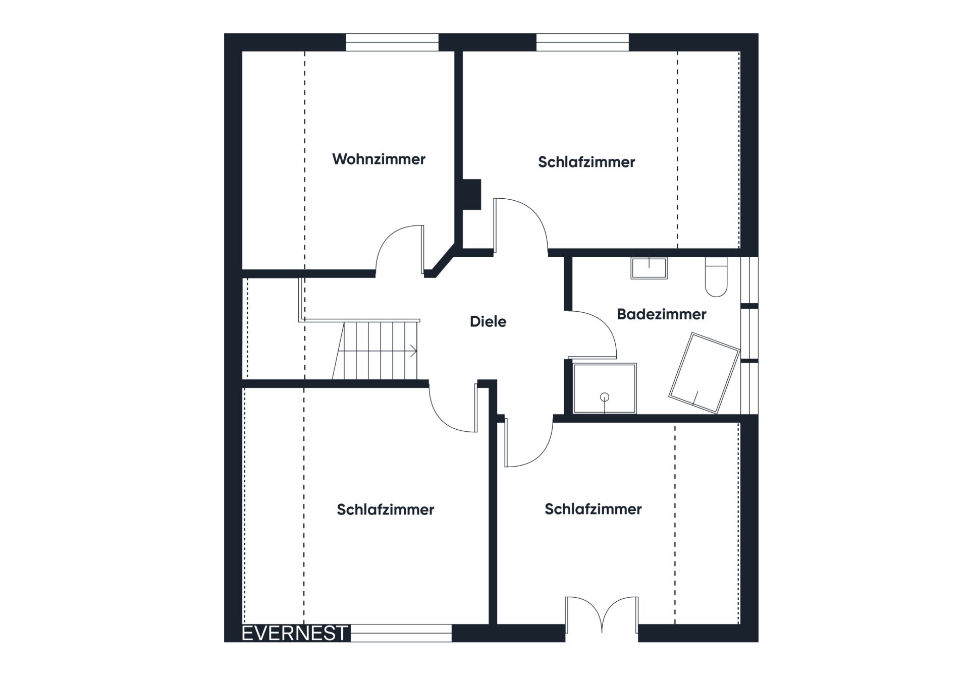 Grundriss mit Wohnzimmer, drei Schlafzimmern, Badezimmer und Diele.