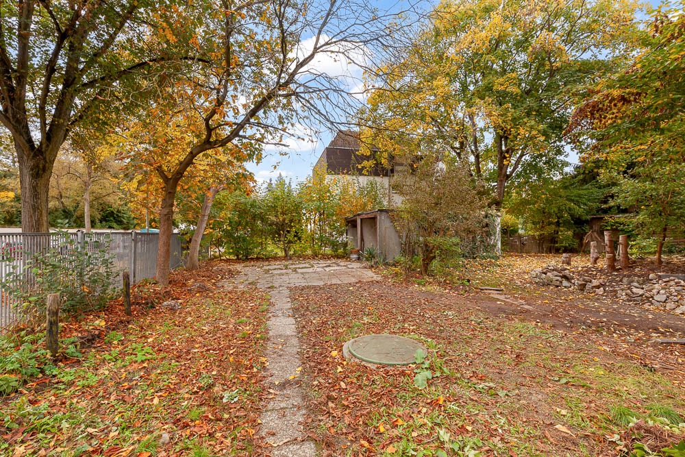 Garten mit Steinweg, Bäumen, Laub und einem kleinen Schuppen im Hintergrund.