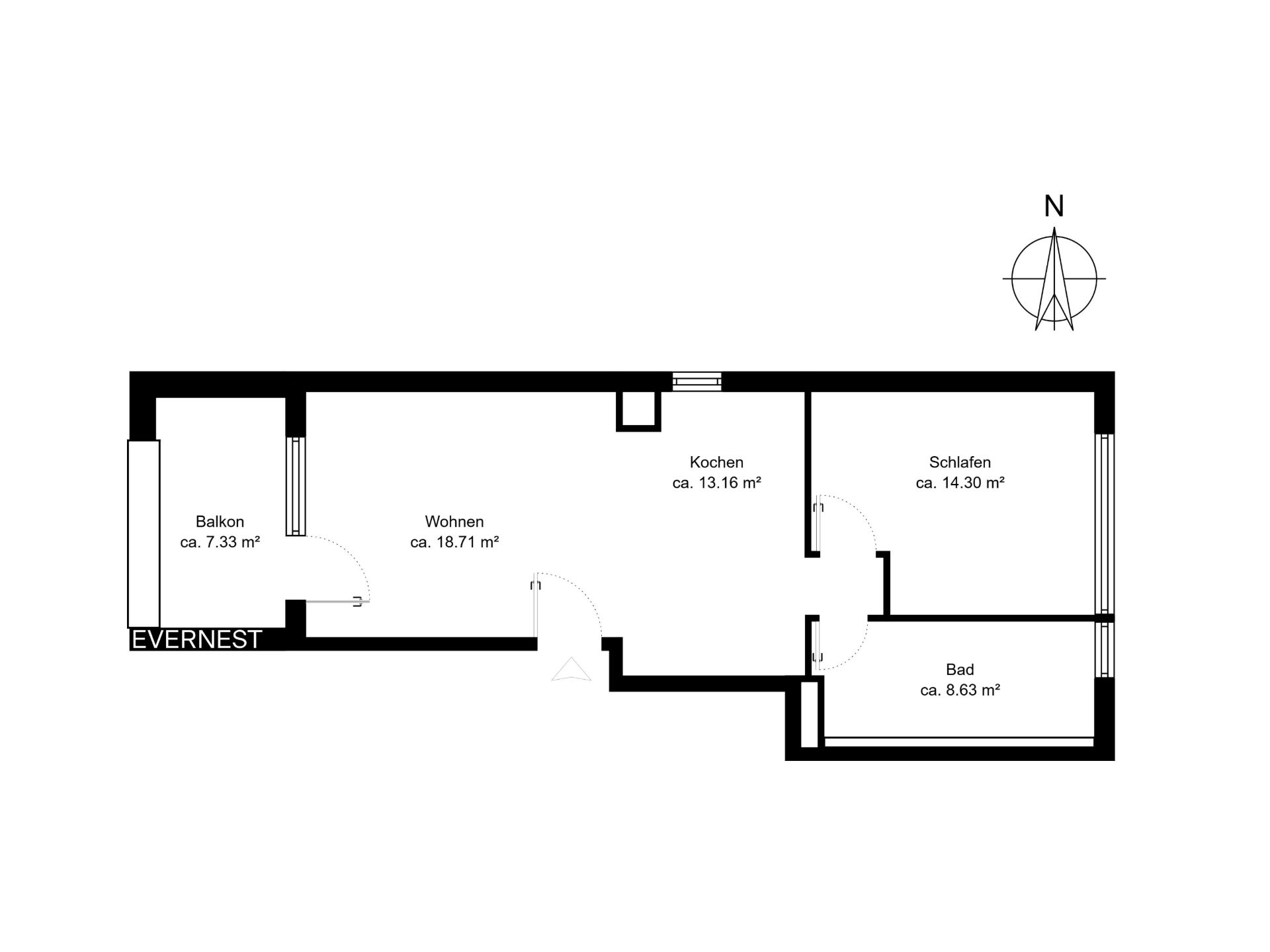 Grundriss einer Wohnung mit Balkon, Wohnzimmer, Küche, Schlafzimmer und Bad.