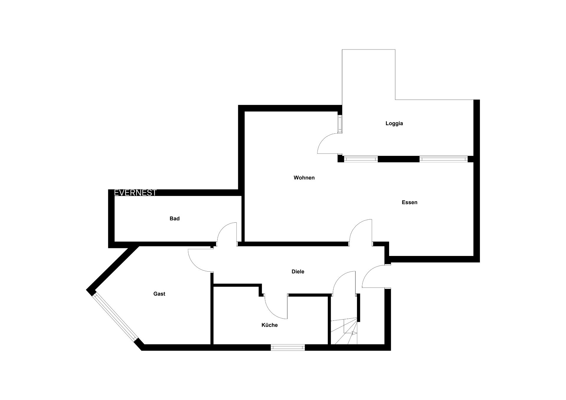 Grundriss einer Wohnung mit Wohnzimmer, Essbereich, Küche, Bad, Gästezimmer und Loggia.