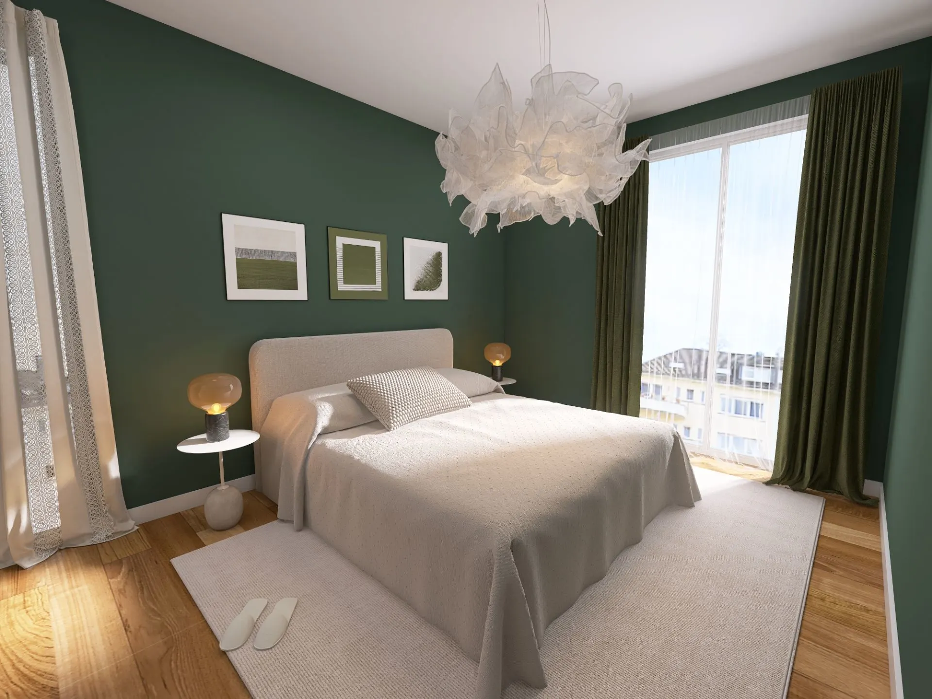 Modernes Schlafzimmer mit Doppelbett, grünen Wänden, großen Fenstern und weißem Teppich.