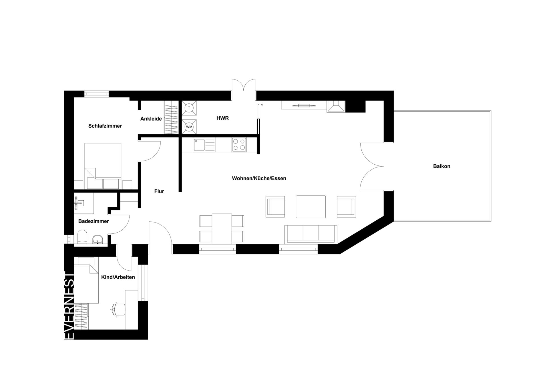 Grundriss einer Wohnung mit Schlafzimmer, Bad, Kinderzimmer, Wohnbereich, Küche und Balkon.