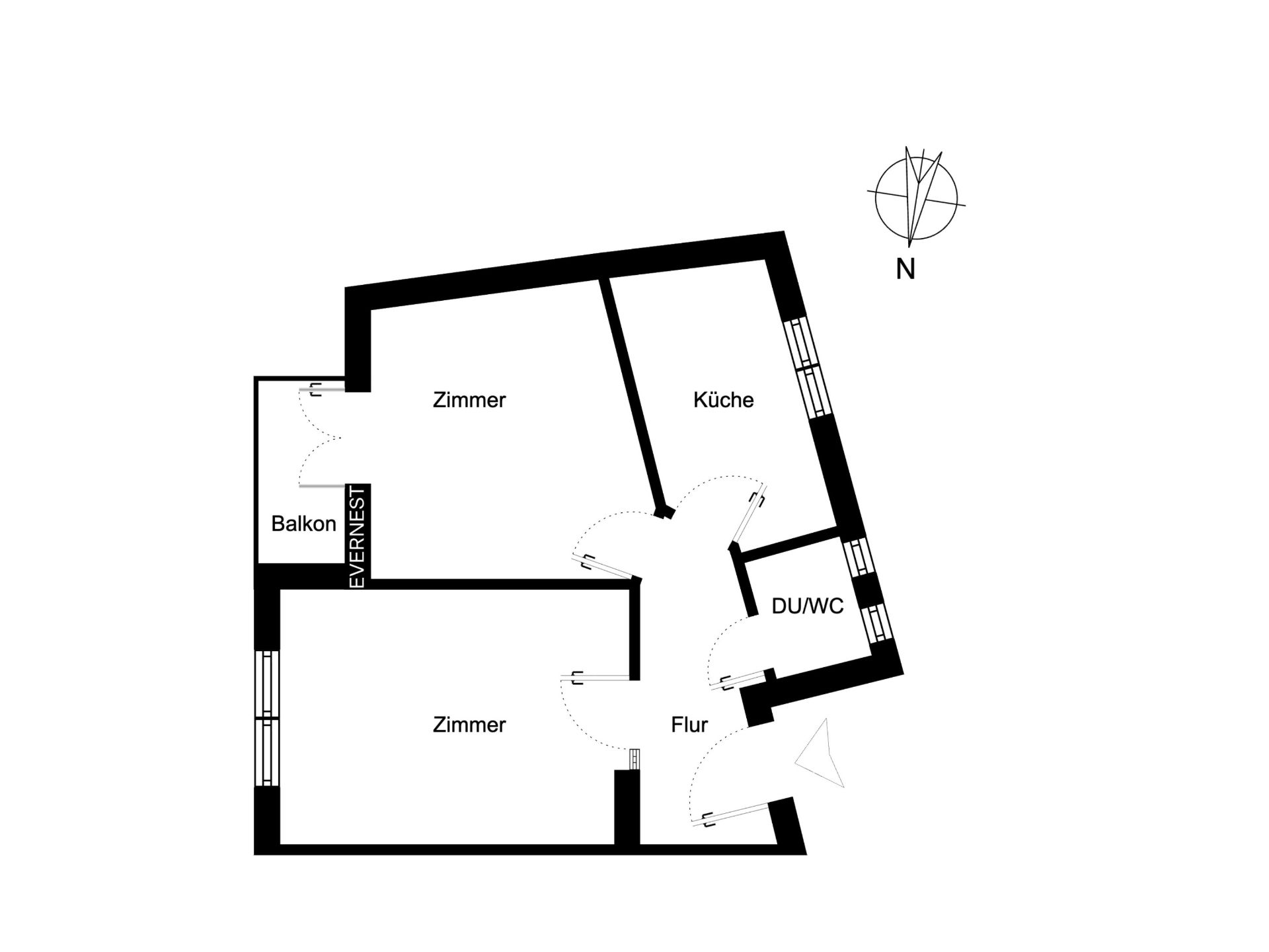 Grundriss mit zwei Zimmern, Küche, Flur, Bad und Balkon.