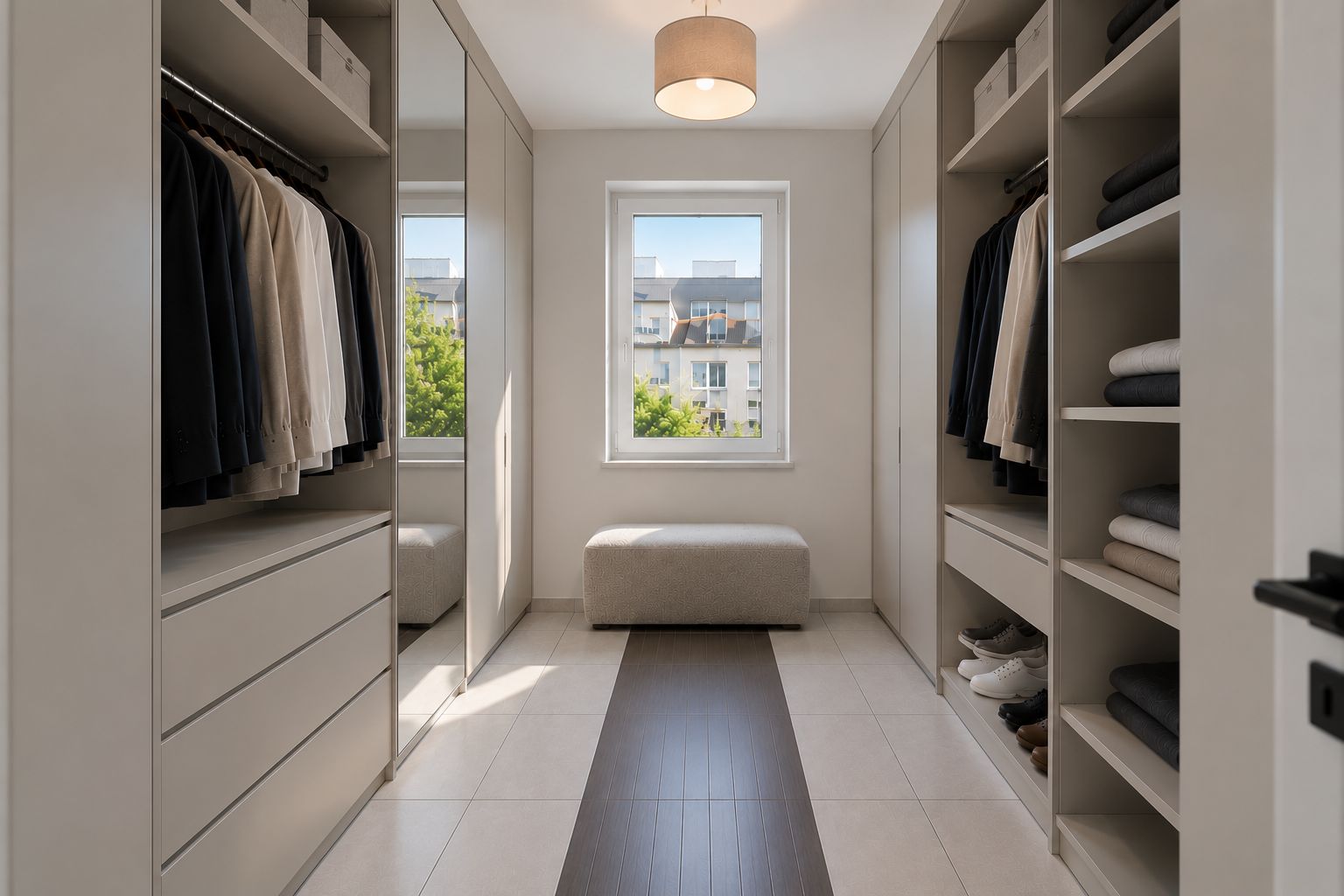 Moderner, heller Ankleideraum mit offenen Schränken, Spiegel, Fenster und Sitzbank in der Mitte.