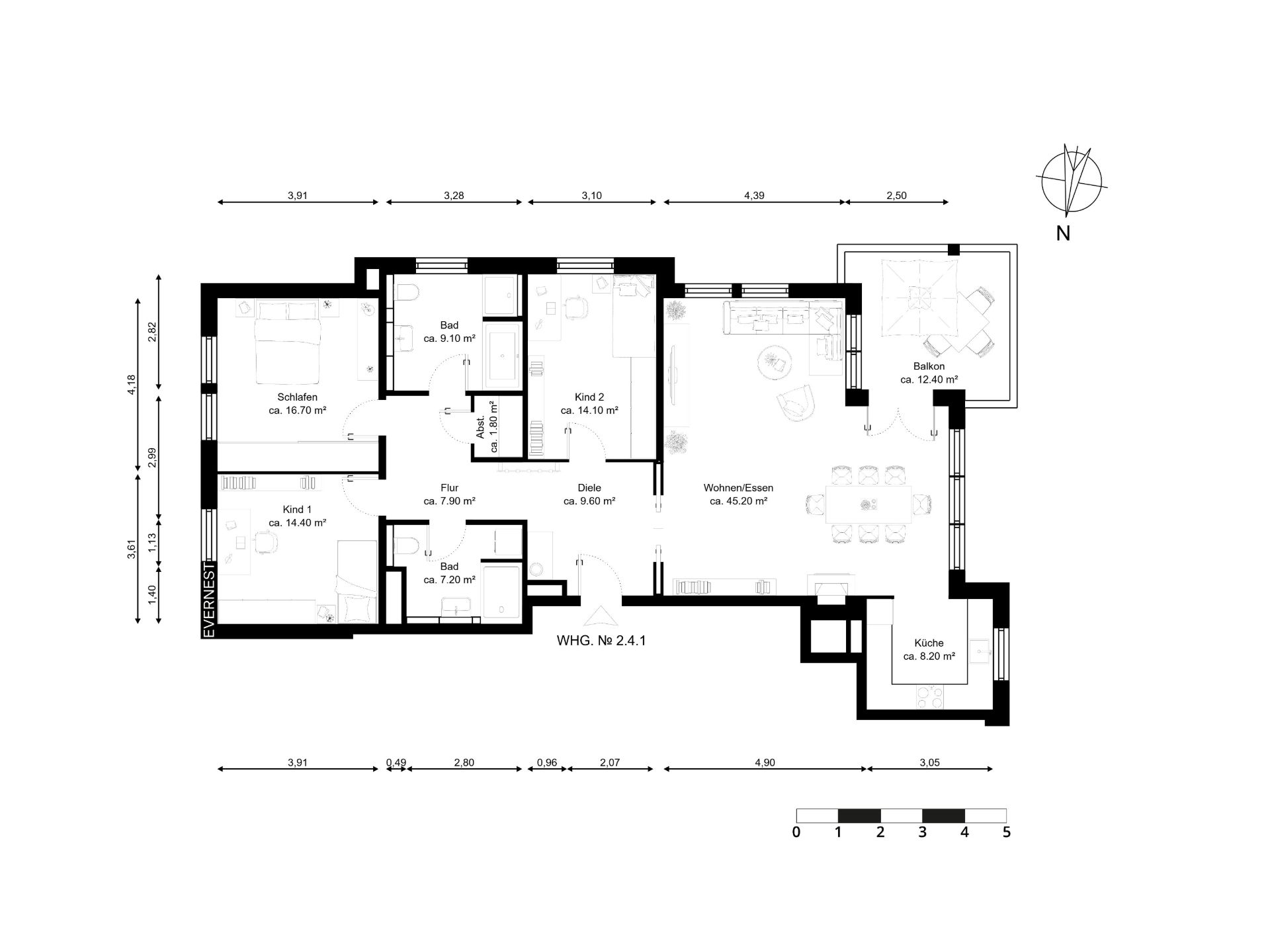 Grundriss einer Wohnung mit Schlafzimmern, Wohnzimmer, Küche, Bädern und Balkon.
