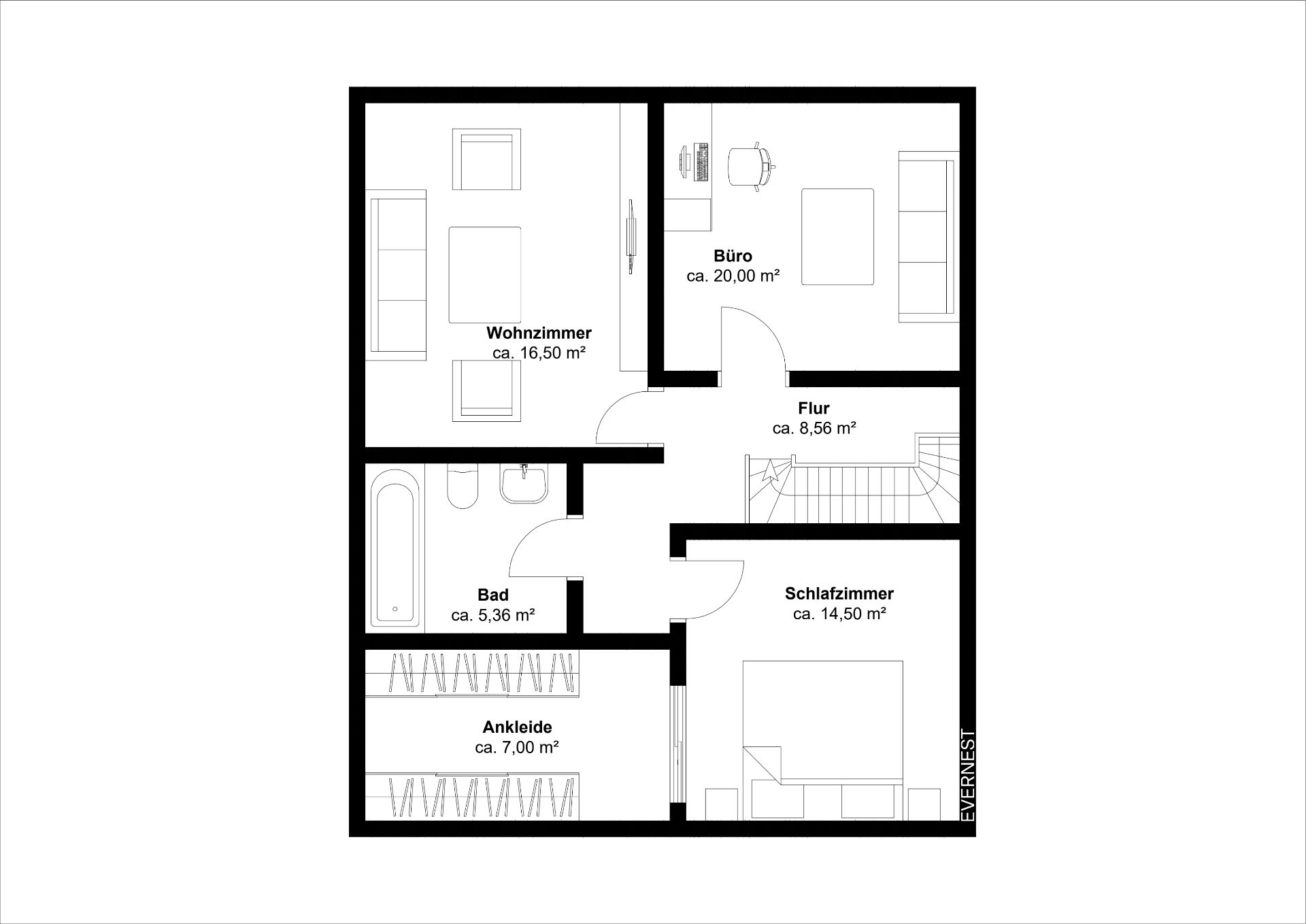 Grundriss einer Wohnung mit Wohnzimmer, Büro, Schlafzimmer, Bad, Ankleide und Flur.