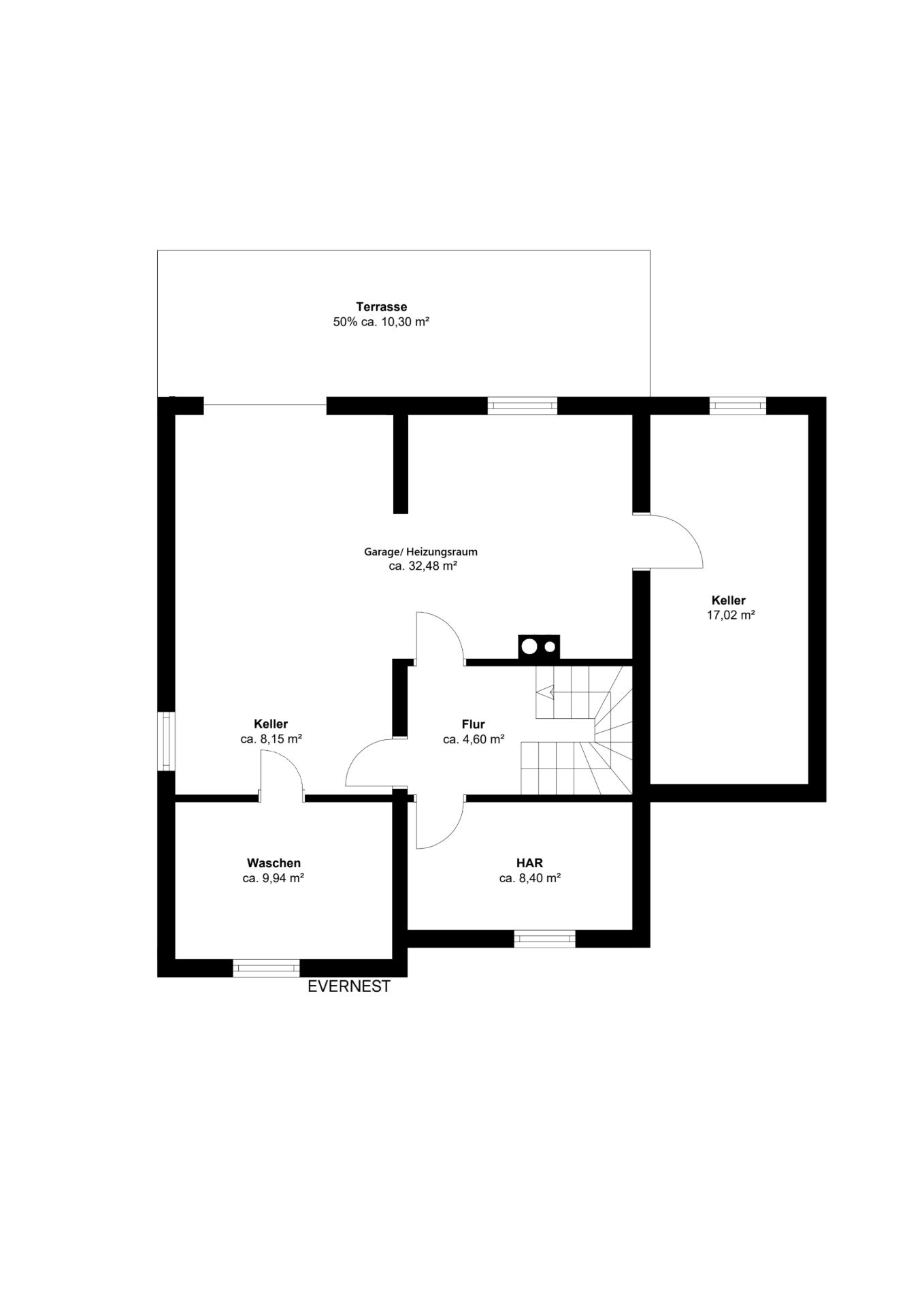 Grundriss eines Kellers mit Garage, Waschküche, Flur, HAR, zwei Kellerräumen und Terrasse.