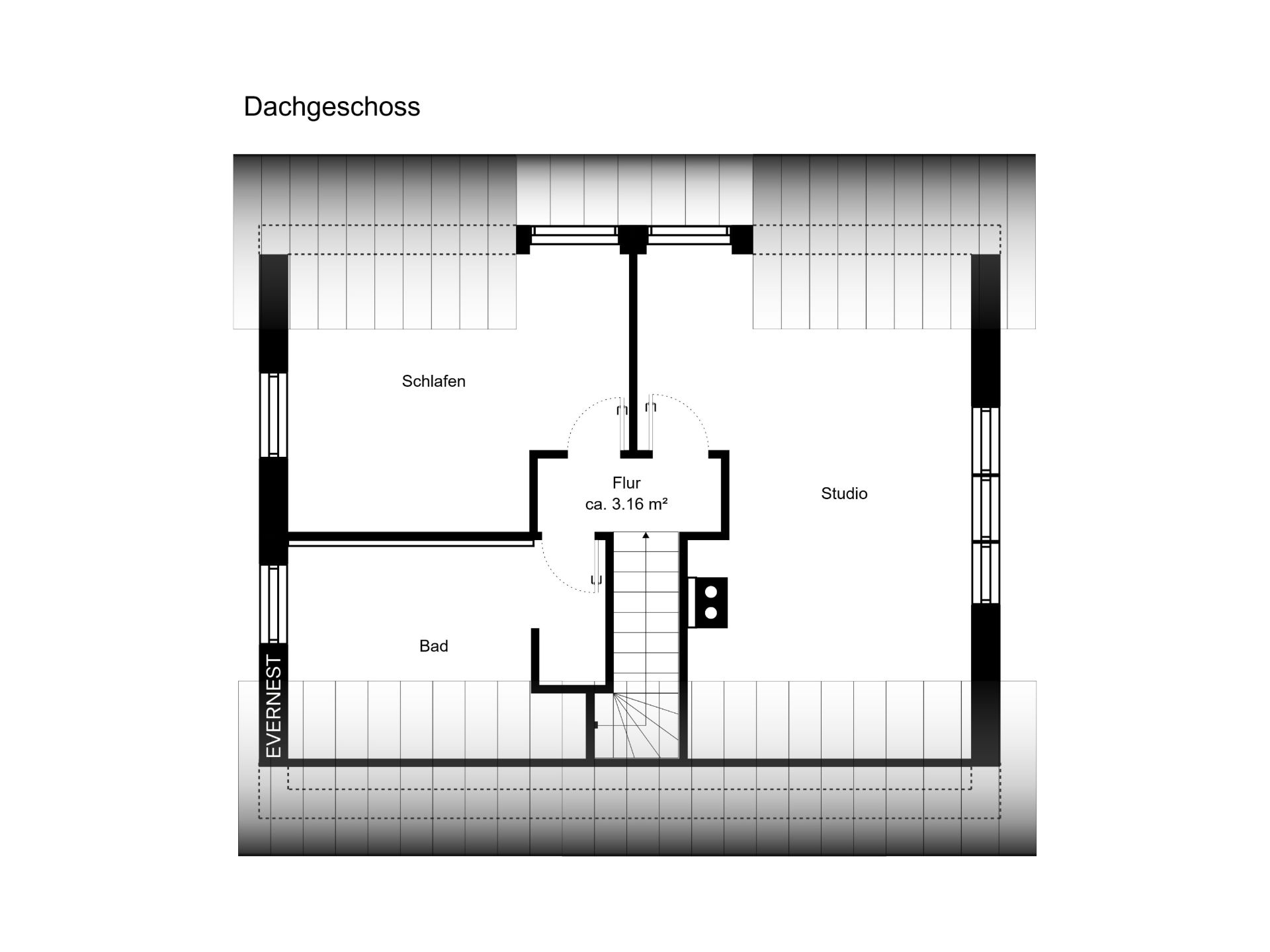 Grundriss eines Dachgeschosses mit Schlafraum, Bad, Studio und Flur.