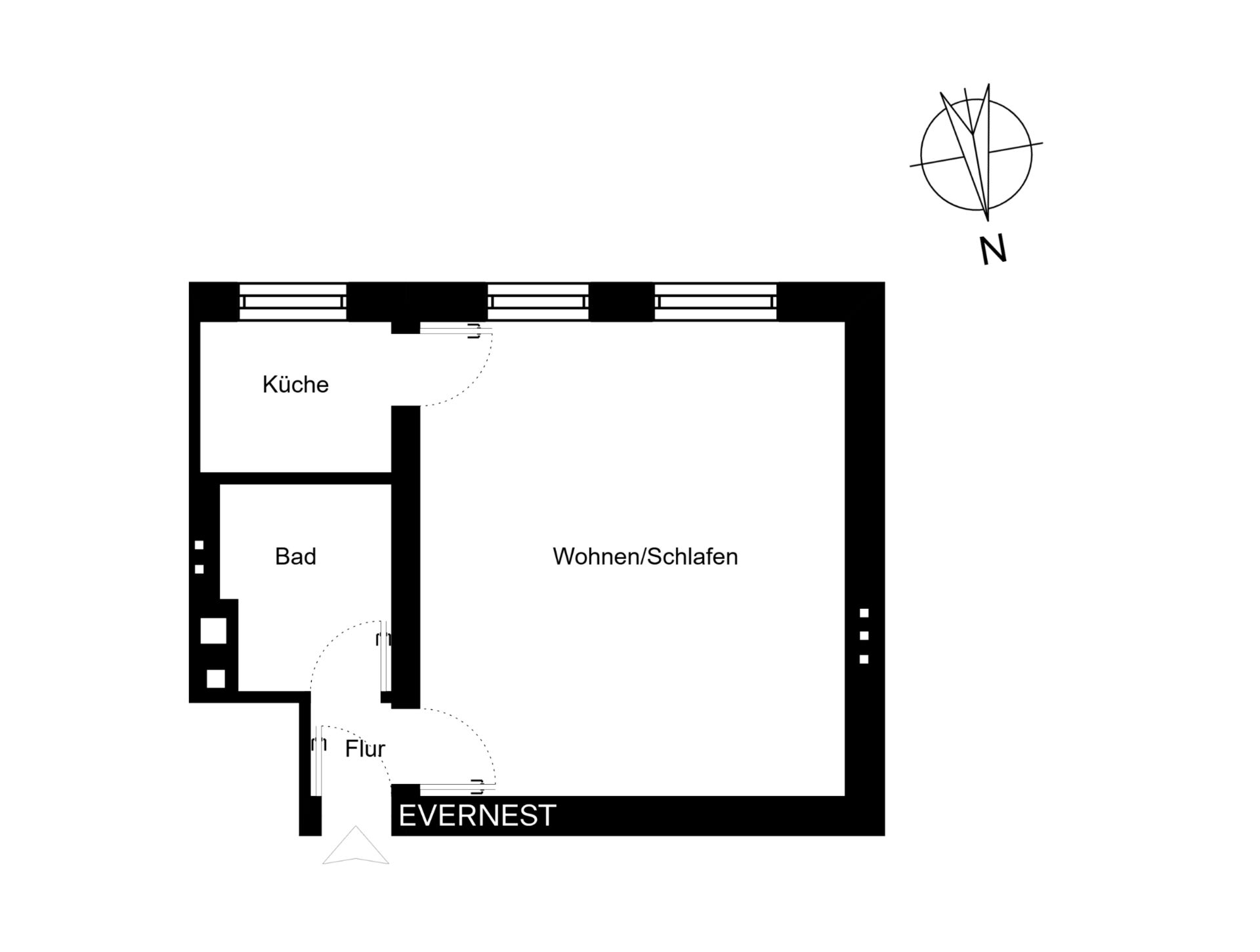 Grundriss einer Wohnung mit Küche, Bad, Flur und Wohn-/Schlafraum.