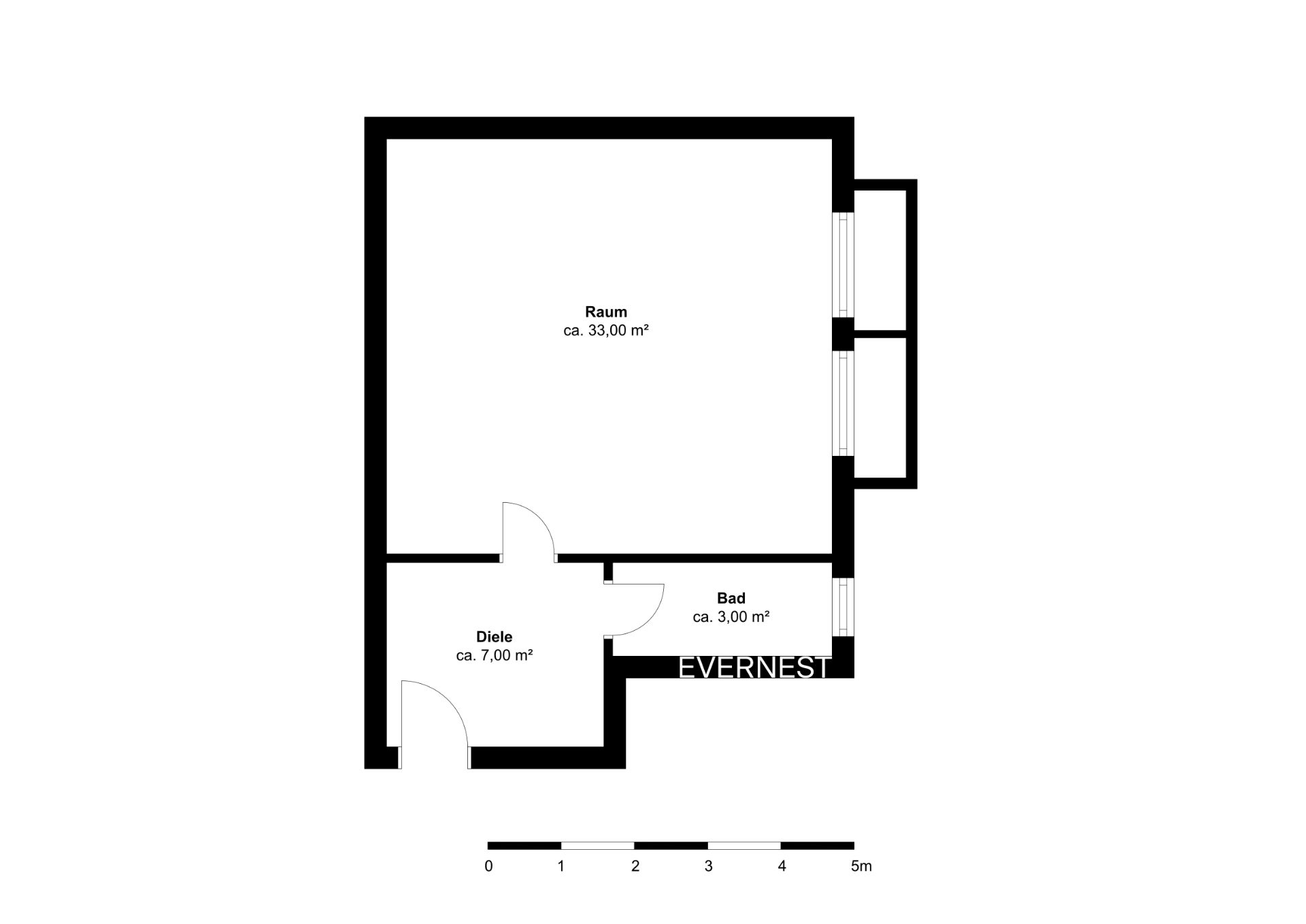 Grundriss mit einem großen Raum, Diele und Bad, jeweils mit Quadratmeterangaben.
